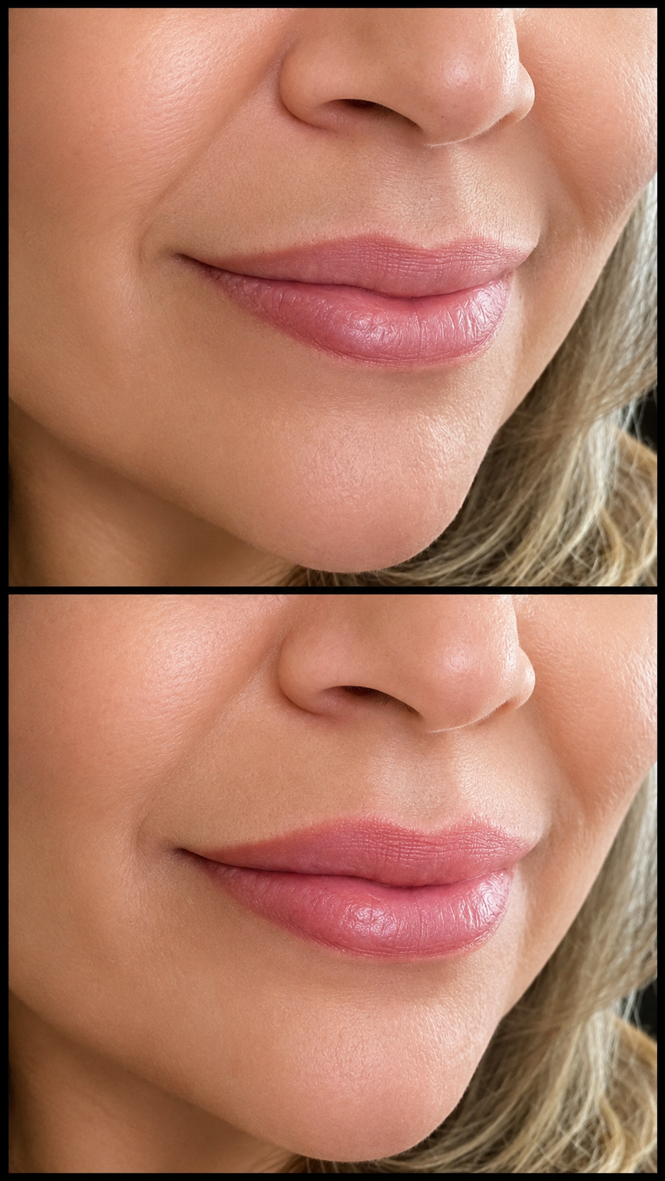 Close-up of a woman's lips and nose with a slight smile and smooth skin, shown in two images for comparison.