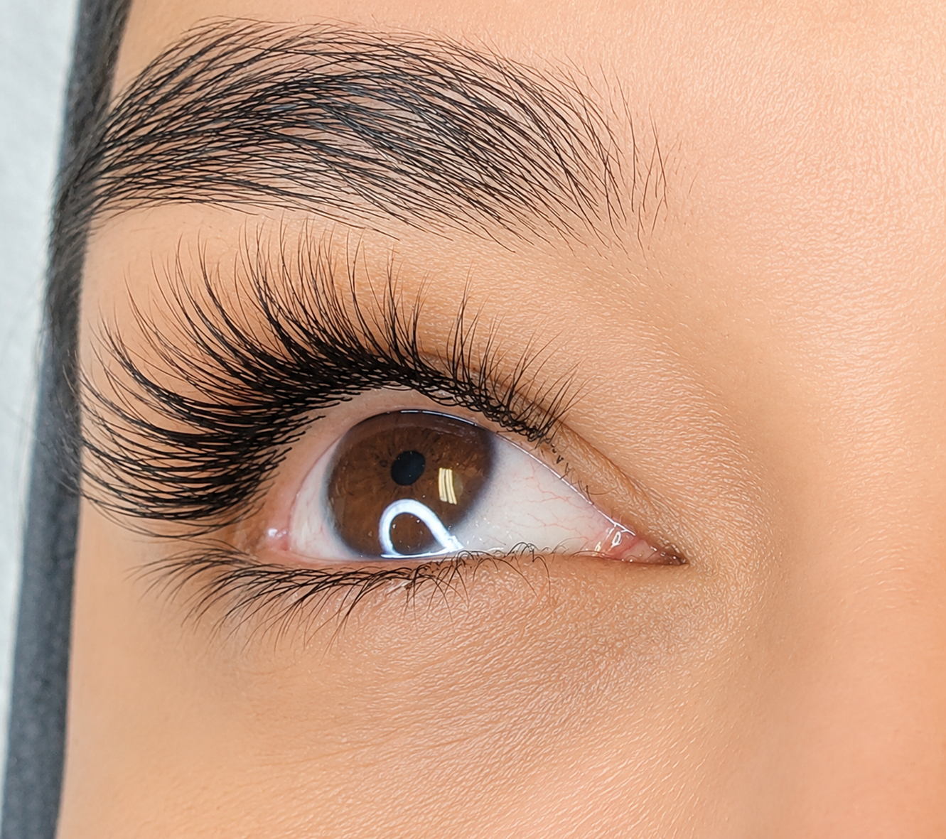 Close-up of a human eye with brown iris, long eyelashes, and well-groomed eyebrow.