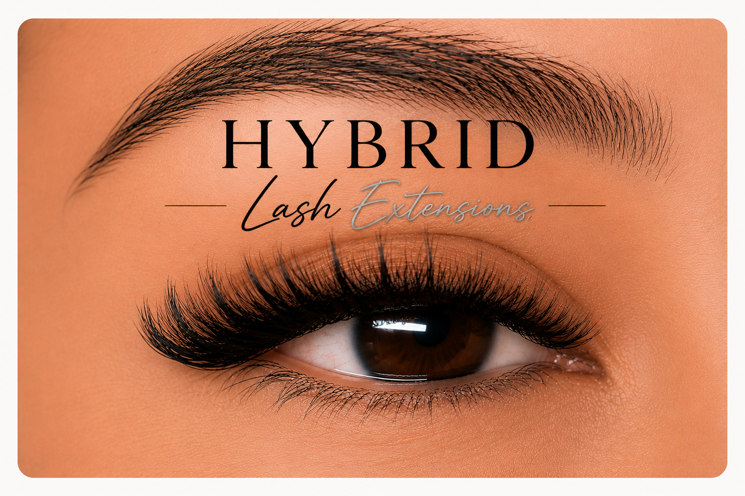 Close-up of a woman's eye with long, curled eyelashes and well-groomed eyebrow, with overlaid text promoting hybrid lash extensions.