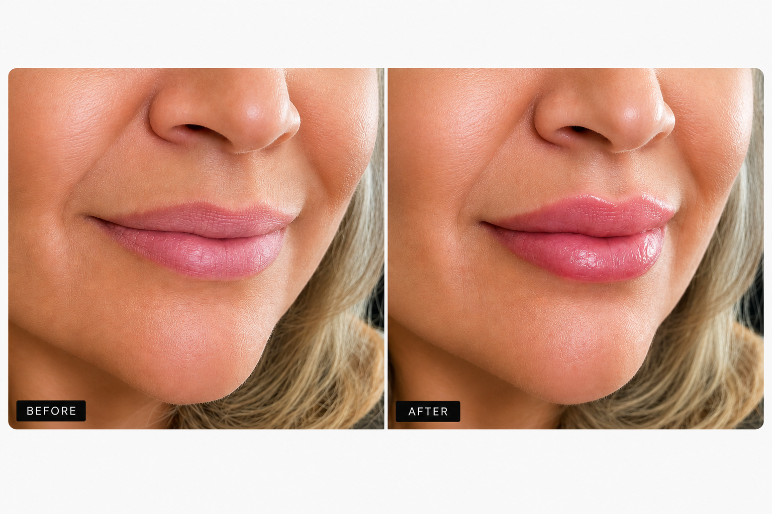 Side-by-side comparison of a woman's lips and lower face showing before and after cosmetic lip enhancement, with noticeable fuller lips in the after image.