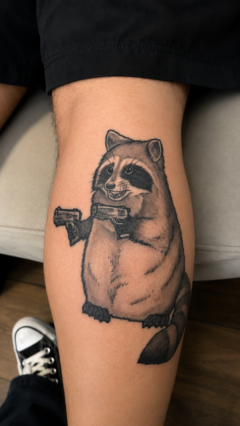 Tattoo of a raccoon holding two guns, with a confident expression, on a person's thigh.