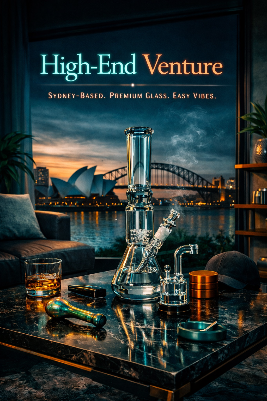Indoor setting with a large window showing the Sydney Harbour Bridge and Opera House at sunset. On the table, there is a glass bong, a glass of whiskey, a black cap, a matching grinder, and other smoking accessories.