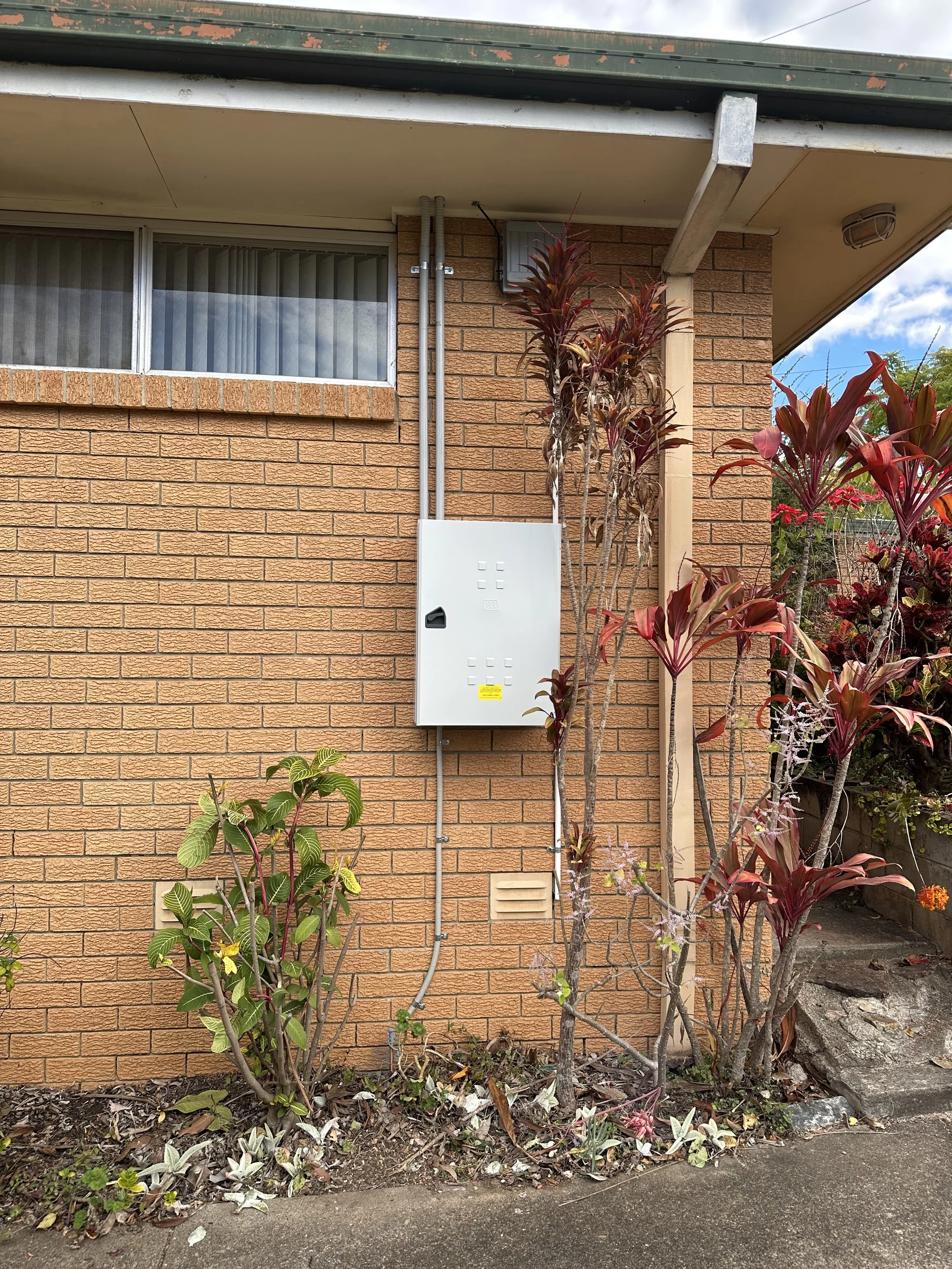 Exterior of a brick house with a window, lush plants, and an electrical box installed on the wall