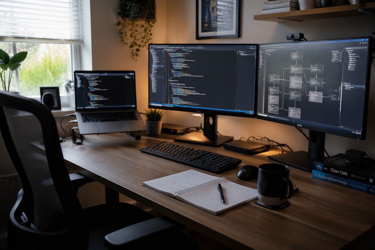A home office desk with two large computer monitors displaying code and flowcharts, a laptop, a keyboard, a mouse, a notebook with a pen, a coffee mug, books, and a small potted plant, with sunlight coming through a window.