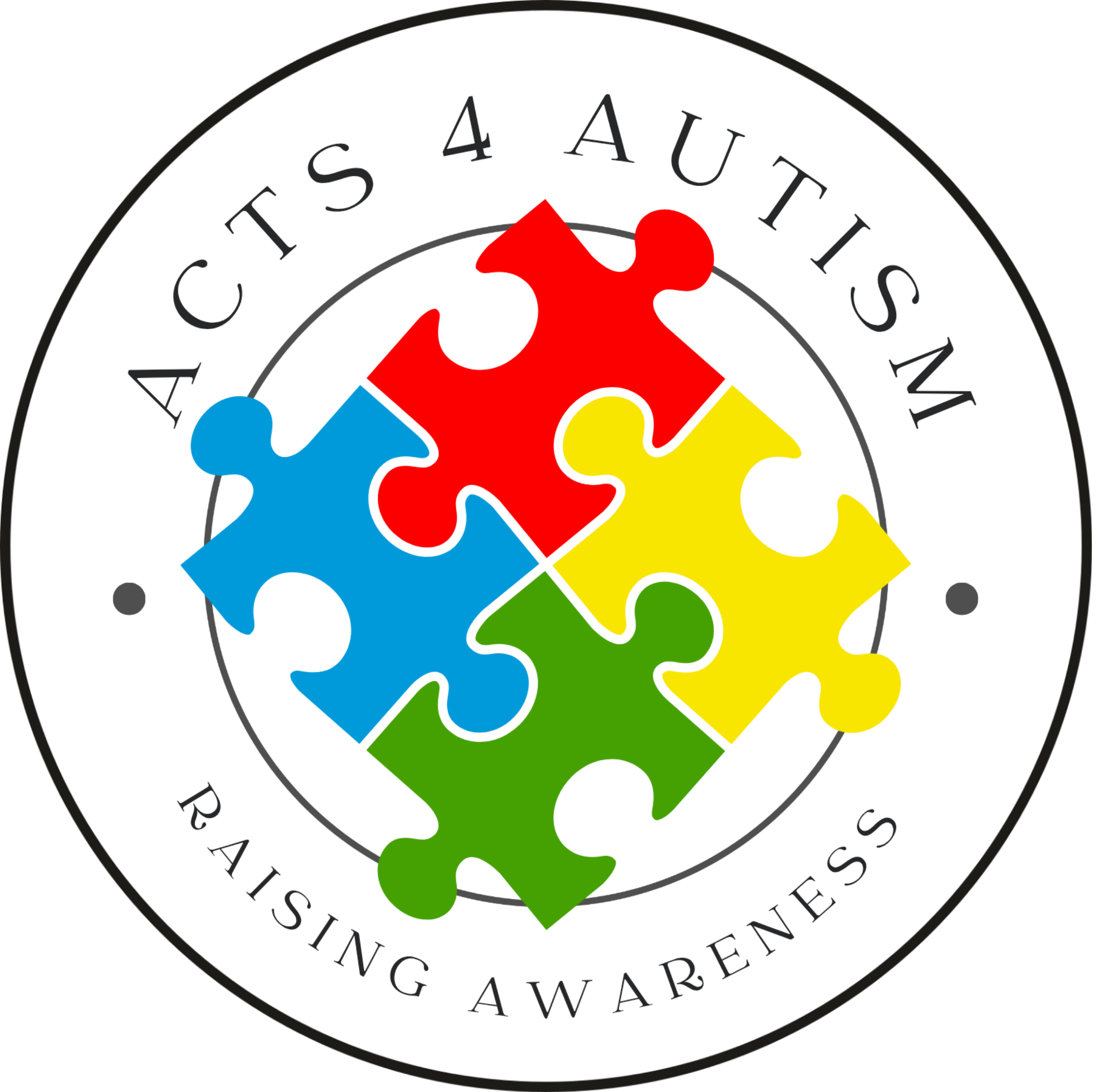 A logo with a circular black border containing the peace sign in black with colorful puzzle pieces inside in red, blue, yellow, green, and purple. The words "Stay Calm" are written reformatted, with "Stay" at the top, "Calm" at the bottom, and a peace sign in the middle.