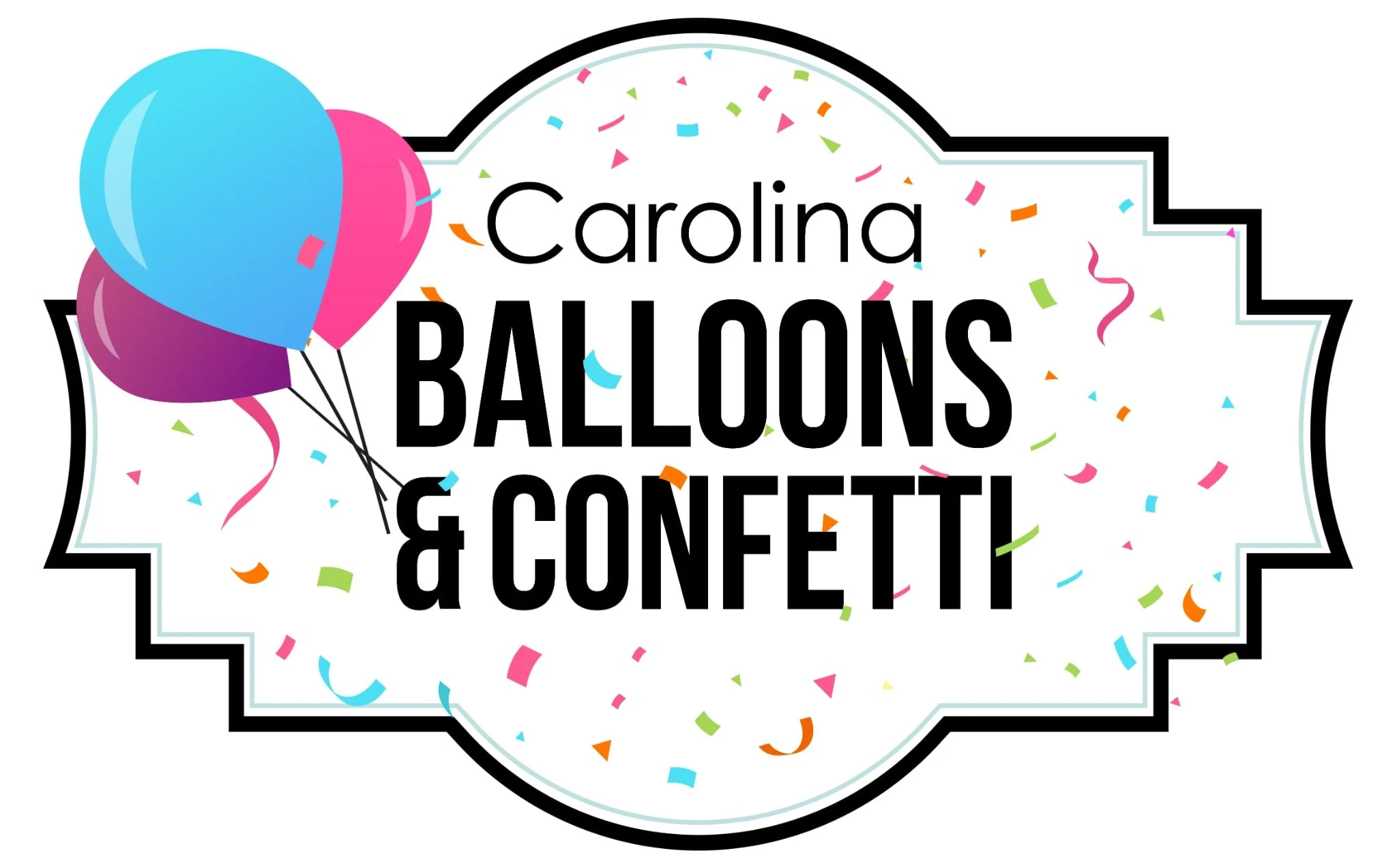 Celebratory graphic with balloons, colorful confetti, and bold text reading 'Carolina Balloons & Confetti'.