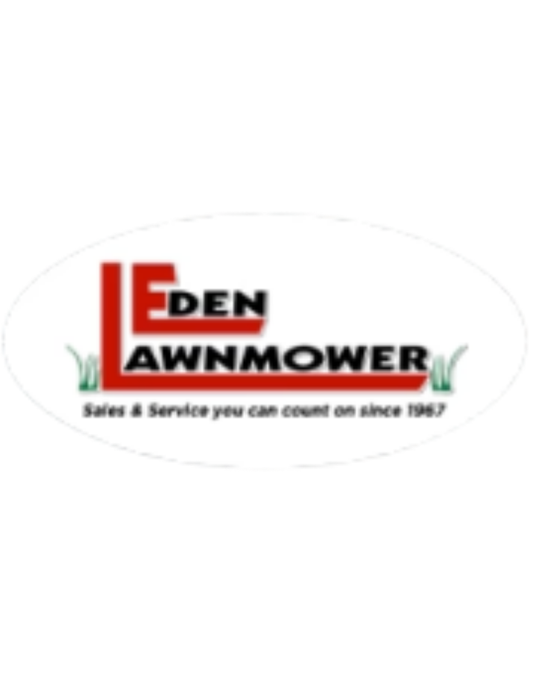 Logo for Eden Lawn Mower featuring red and black text, green grass icons, and the tagline 'Sales & Service you can count on since 1967'.