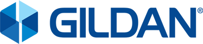 Gildan logo with blue geometric icon and the word GILDAN in blue capital letters.
