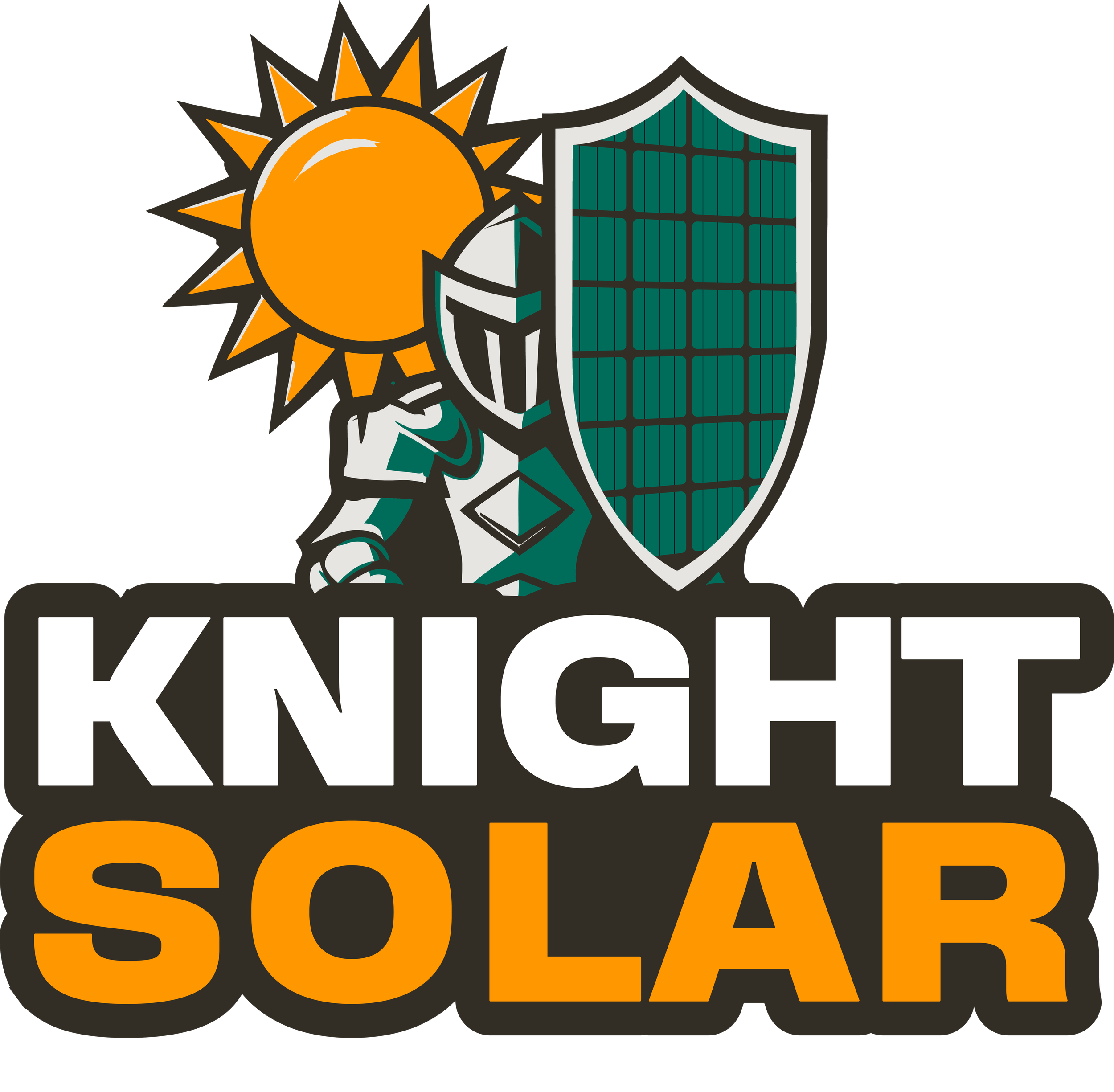 Logo featuring a sunny orange sun with rays, a robotic arm holding a solar panel, and text emphasizing renewable solar power.