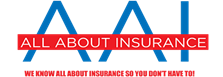 Logo with the text 'ALL ABOUT INSURANCE' in white on a red background, and a large blue 'A' with a red underline.