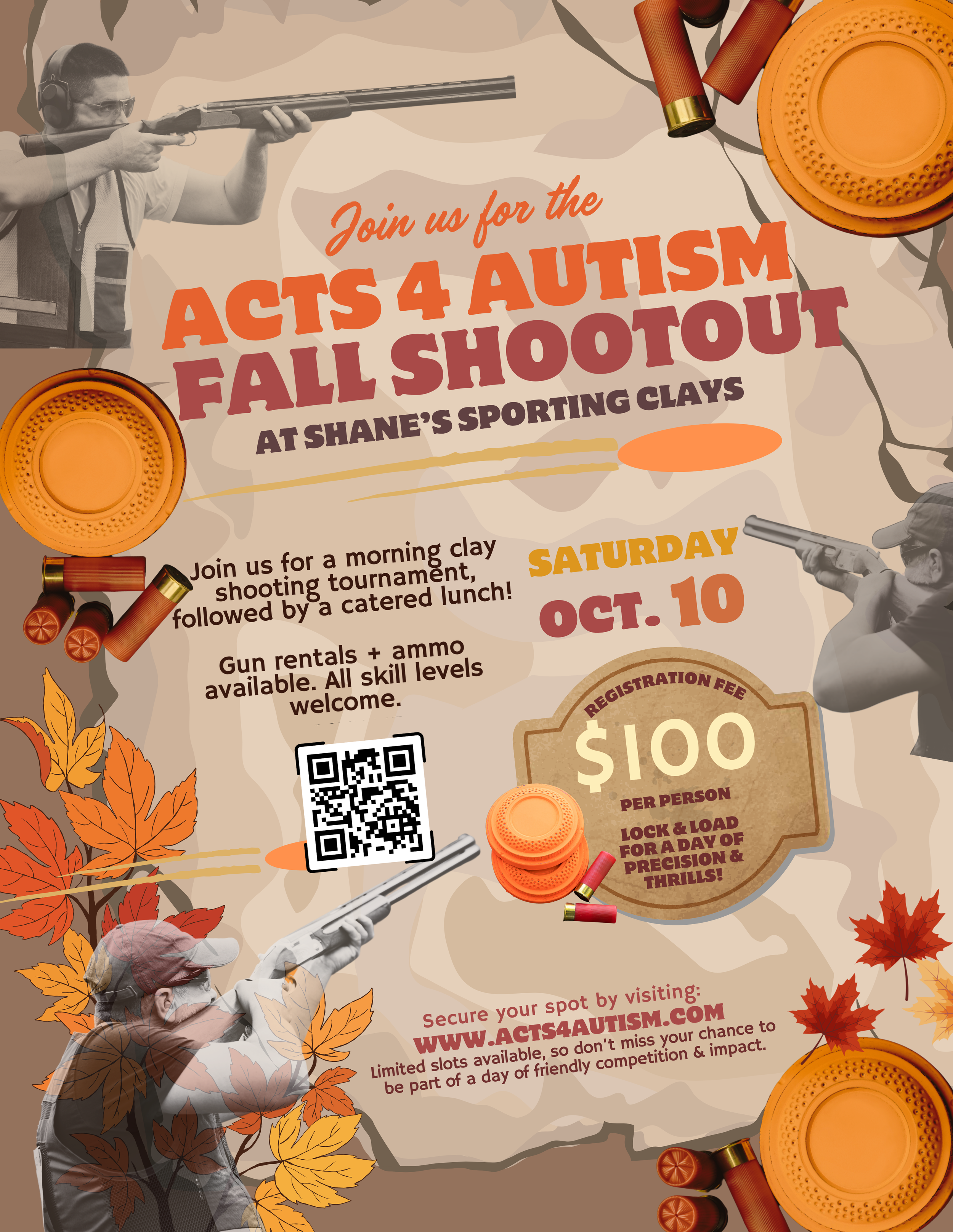 A promotional flyer for a shooting tournament event called 'Acts 4 Autism Fall Shootout' at Shane's Sporting Clays. The flyer features images of a person aiming a shotgun, shotgun shells, a clay target, and autumn leaves. The event date is October 10, with details about registration, pricing, and the event's activities.