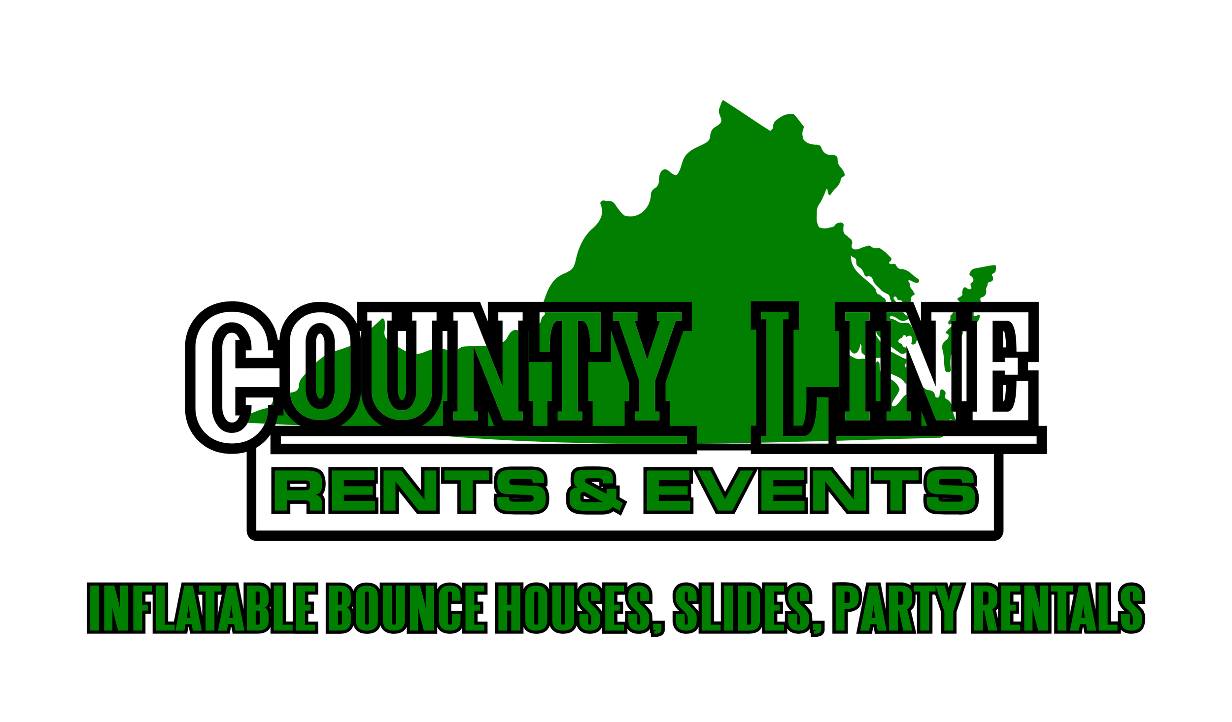 Graphic design with the shape of Virginia in green, and the text 'County Line Rents & Events' in white and green, advertising inflatables, bounce houses, slides, and party rentals.