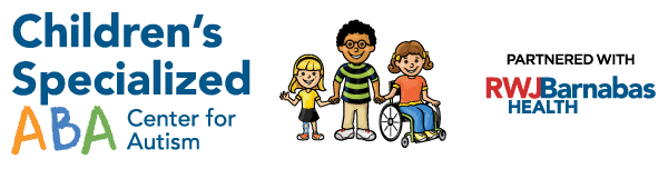 Logo for Children's Specialized ABA Center for Autism, partnered with RW Barnabas Health, featuring three children, one on wheelchair, holding hands.