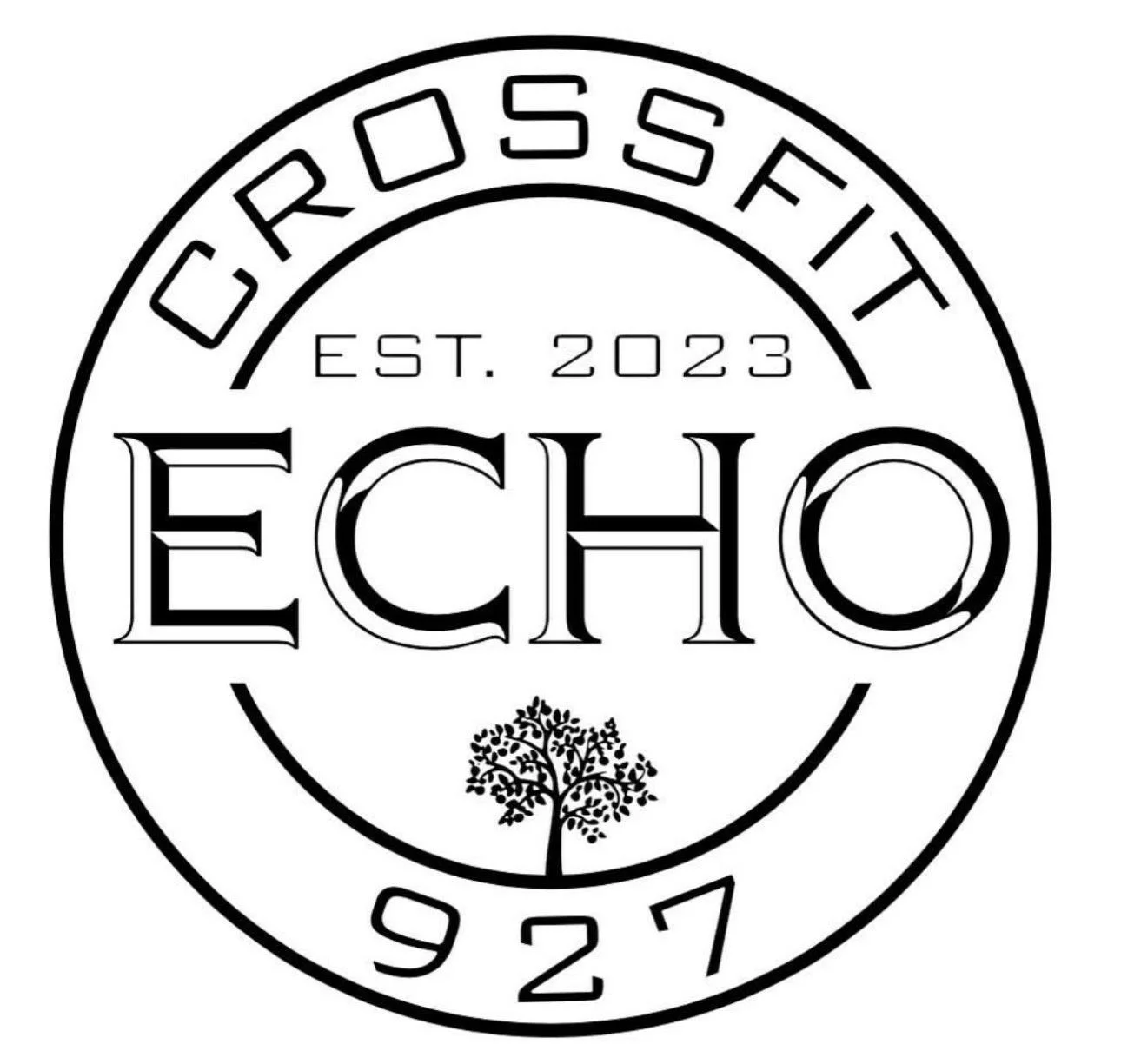 A circular logo with the words "Crossfit Echo" and "EST. 2023" inside, featuring a tree at the bottom and the year "1927" at the outer edge.