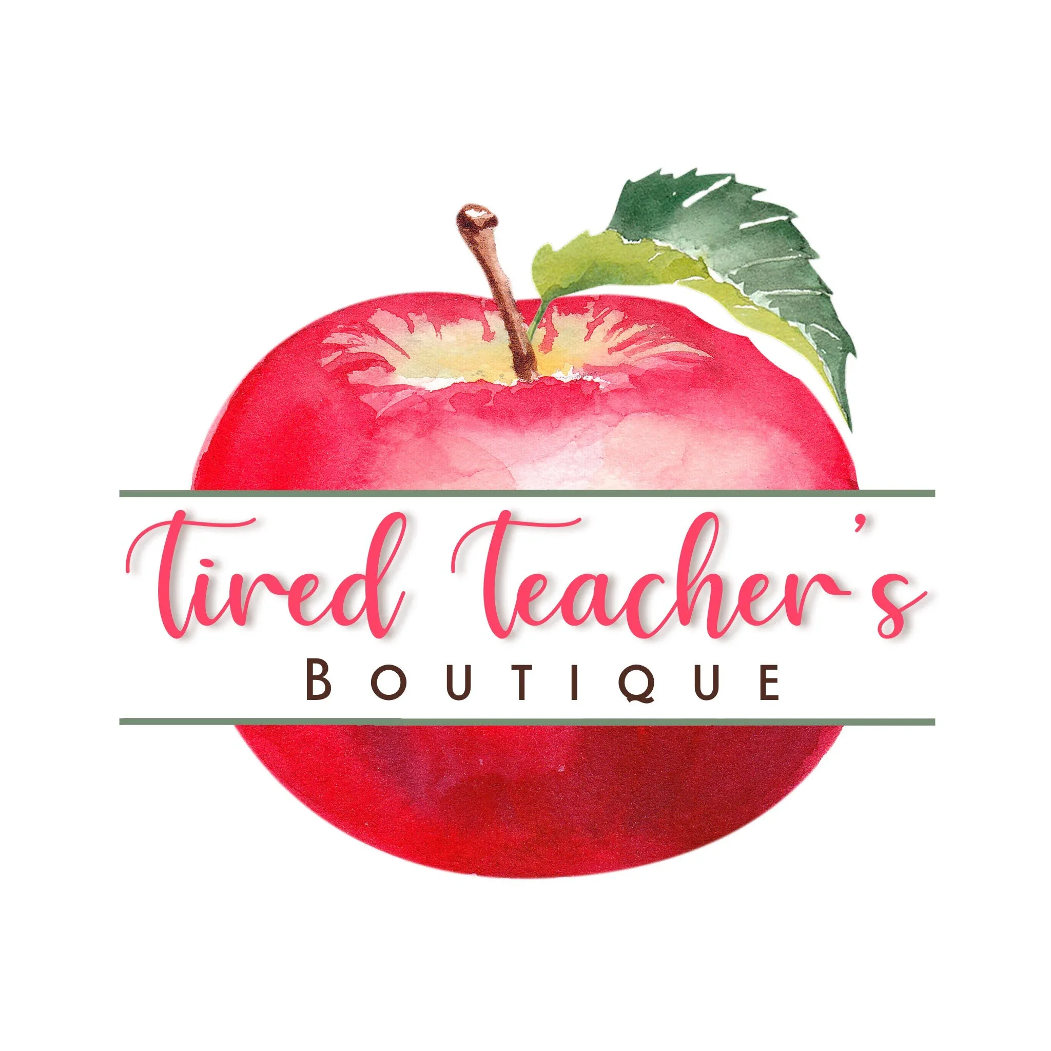 Red apple with a green leaf and a brown stem, with text reading 'Tied Tachers Boutique'.
