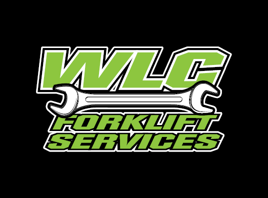Logo with bold green and white text reading 'WLC Forklift Services' and a wrench crossing through the words.