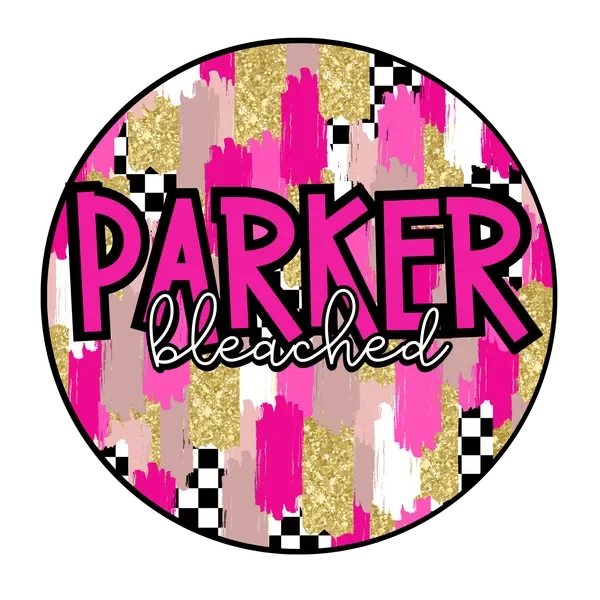 A circular graphic with a black background, featuring the words "PARKER bleached" written in bold pink and black letters with a white outline. The background within the circle has pink, gold, white, and black paint splatters and a checkered pattern.