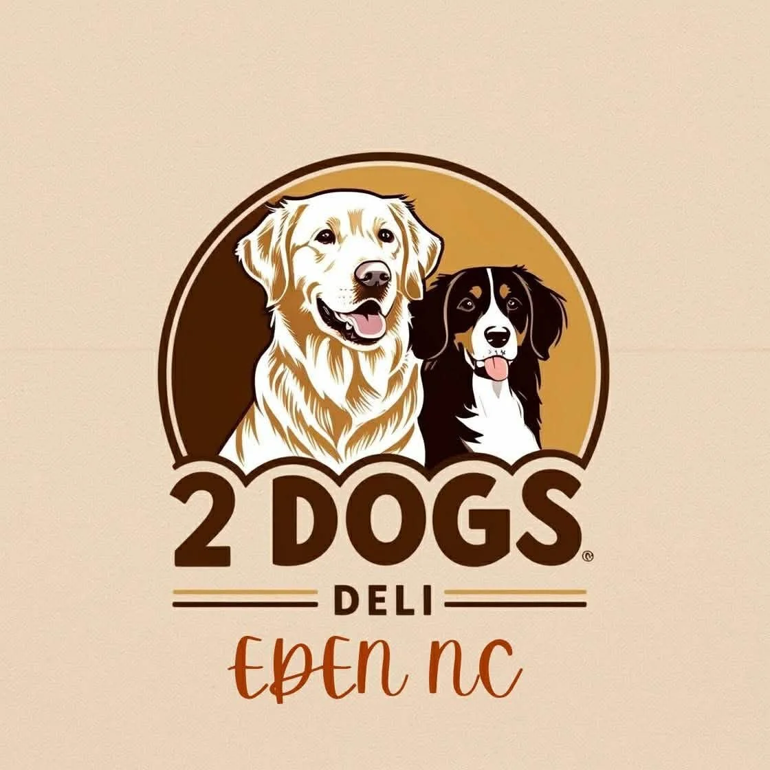 Illustration of two dogs, a golden retriever and a black and white spaniel, with text '2 Dogs Deli' and 'Eden NC'.