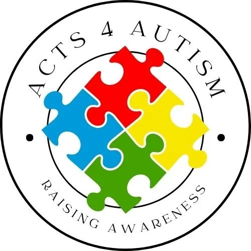 A circular logo with the text "ACTS 4 AUTISM" at the top and "RAISING AWARENESS" at the bottom. Inside the circle, there are five interlocking puzzle pieces in red, yellow, green, blue, and light green colors, symbolizing autism awareness.