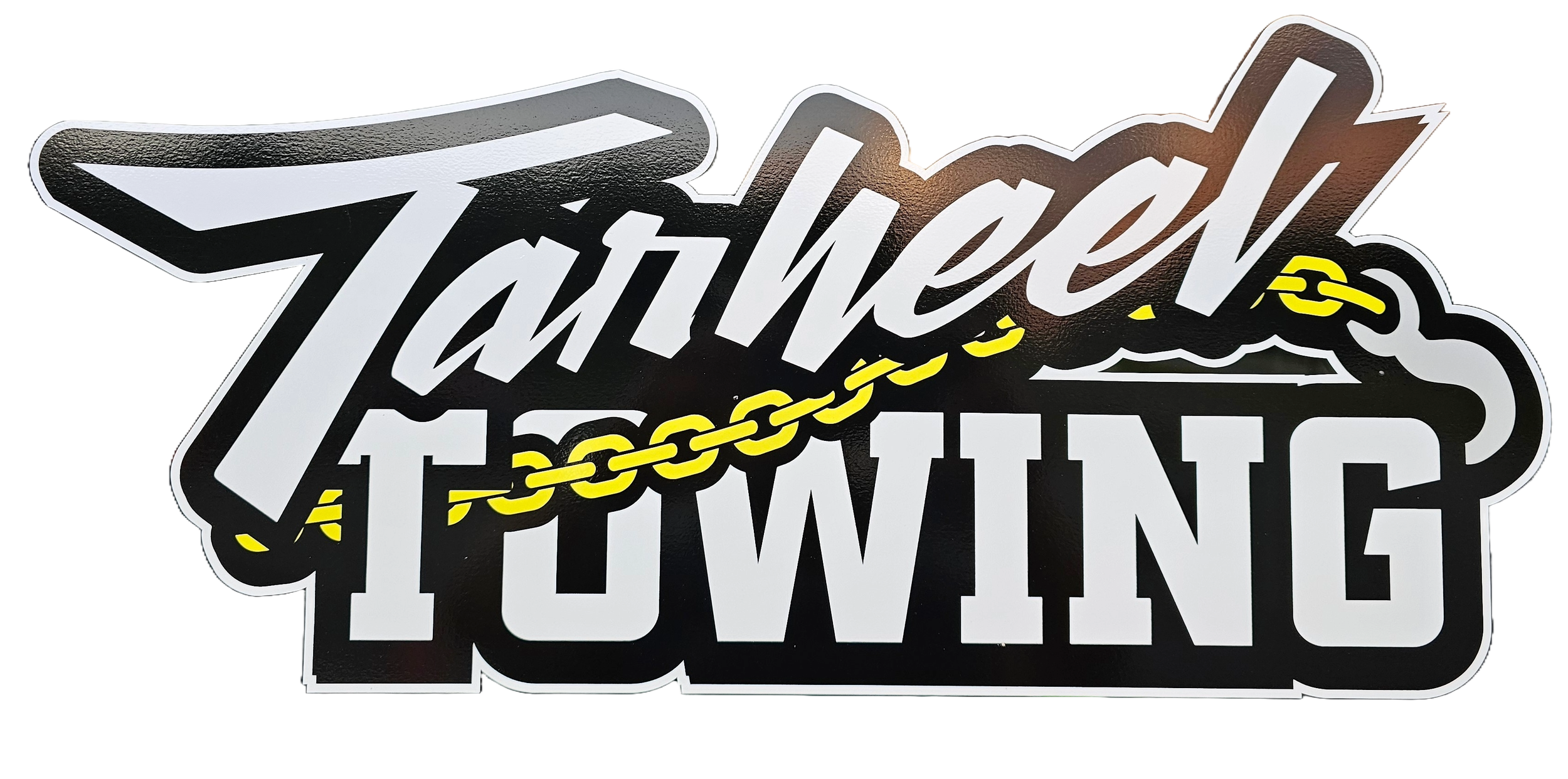 Sticker with stylized text reading 'Tattoo Shop' in bold black and white with yellow chain design.