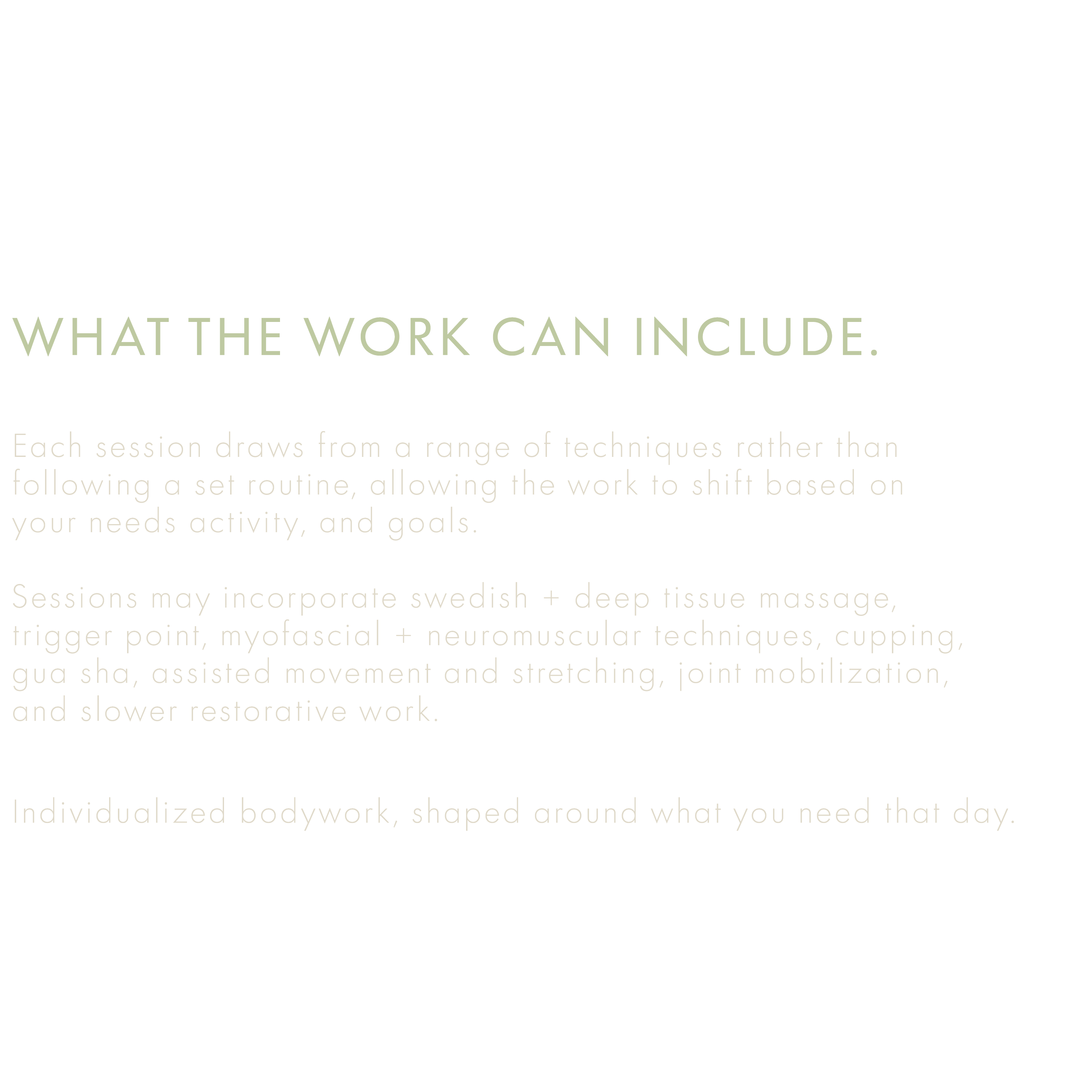 A black background with text about the scope of work and techniques used for a session, including bodywork, massage, trigger points, and joint mobilization.