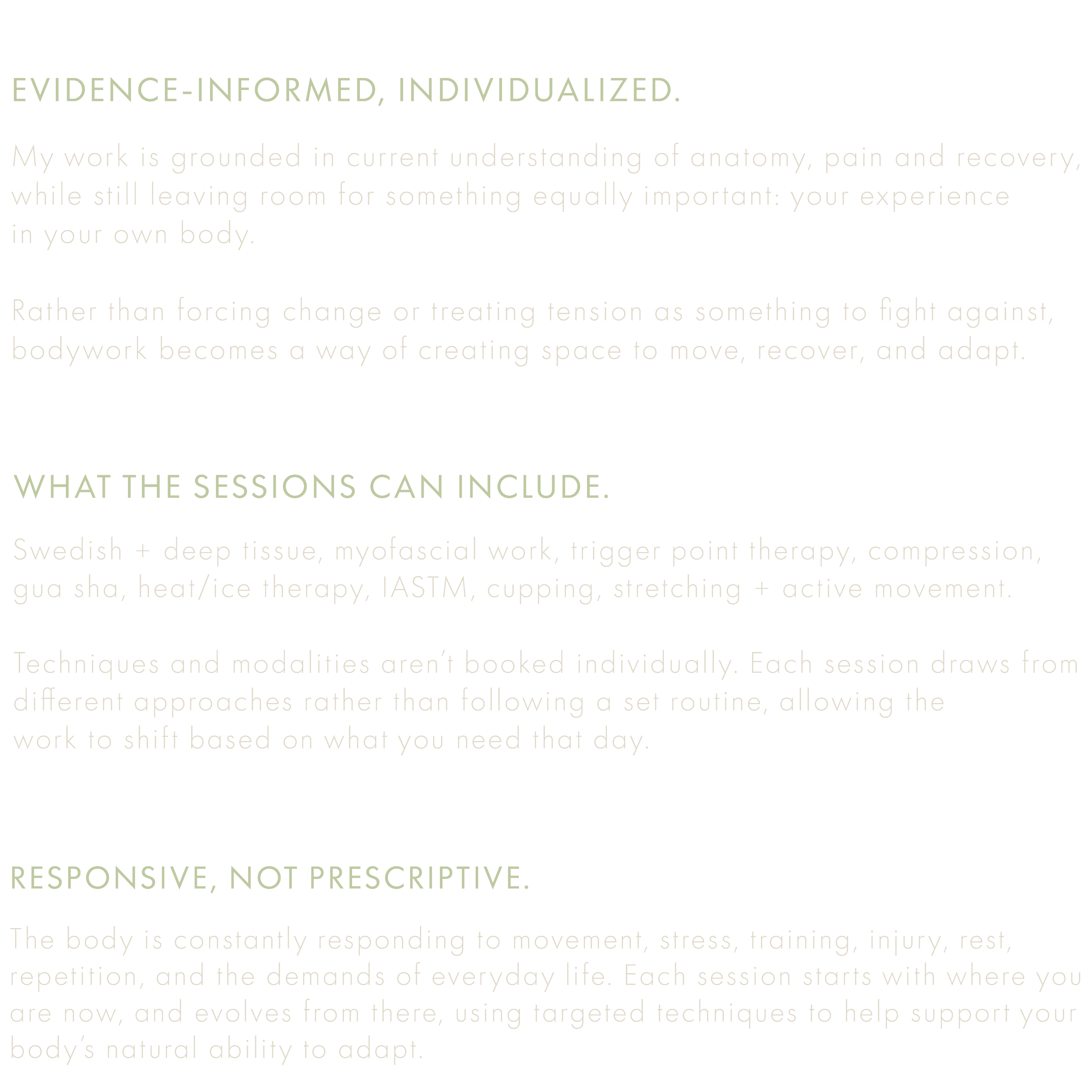 Text on a black background emphasizing evidence-informed, individualized approach to bodily health and movement, highlighting adaptive techniques in physical therapy and fitness.