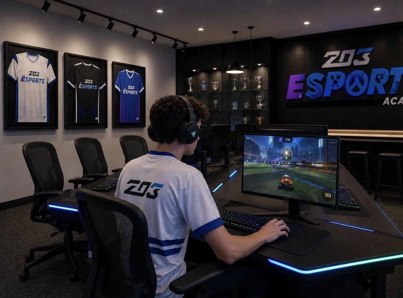 A person wearing a Z03 esports jersey and headphones playing a video game on a monitor in a gaming room with framed esports jerseys on the wall and trophies on shelves.