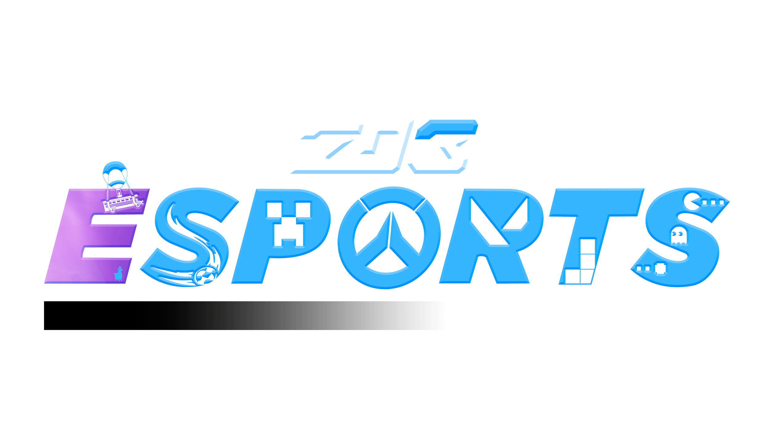 Colorful neon-style text spelling out 'E-Sports' with gaming icons such as a headset, game controller, and pixel characters.