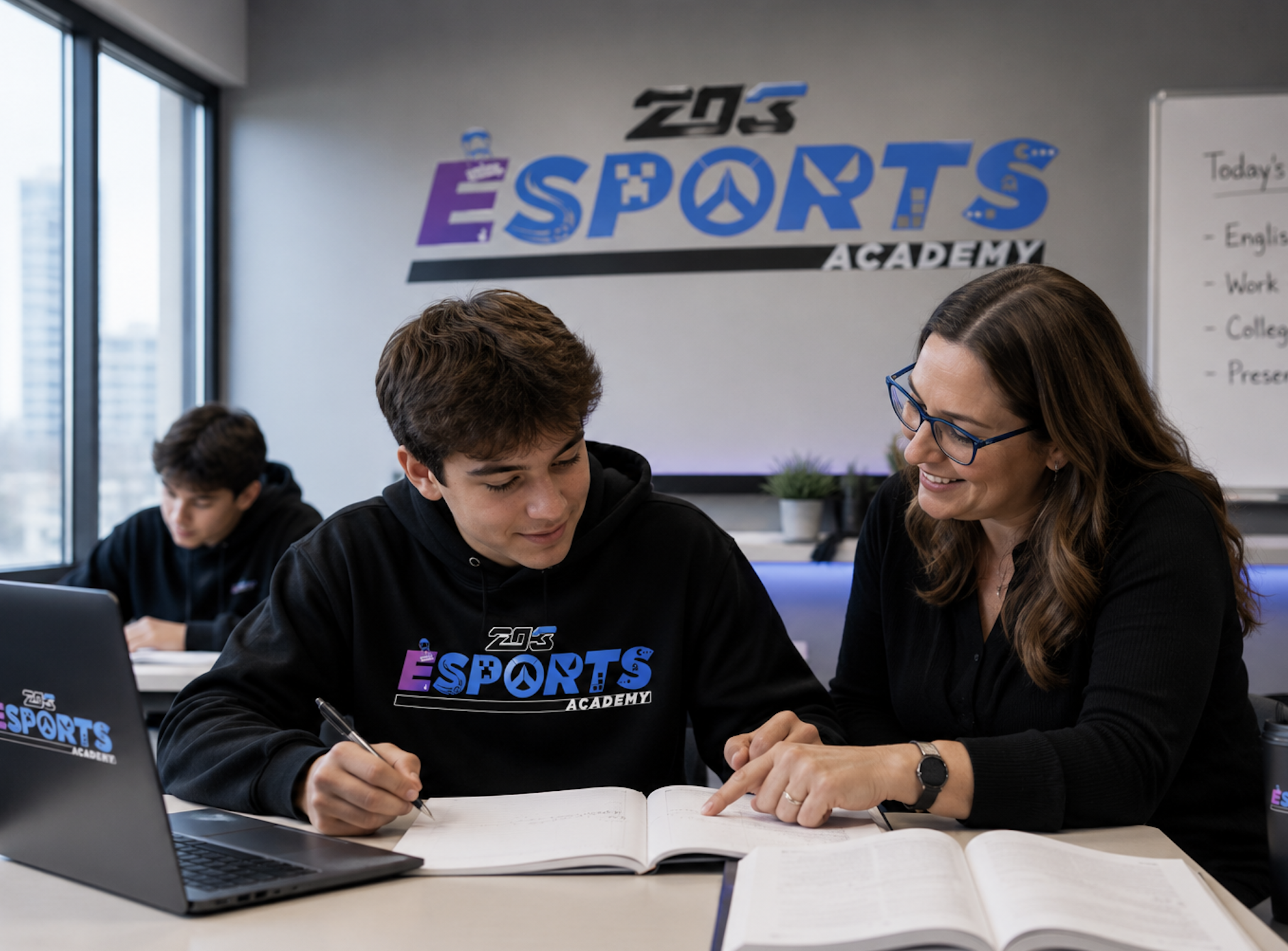 A teacher and a student working together at a desk in an esports academy classroom, with a sign on the wall that reads 'ZOS Esports Academy' and textbooks open on the table.