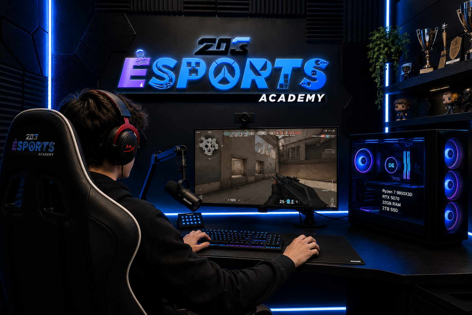 A person gaming at a desk in a dark room with neon blue lighting, playing a first-person shooter game on a widescreen monitor, wearing headphones, with a gaming PC case featuring RGB lights and hardware specifications displayed on the side.