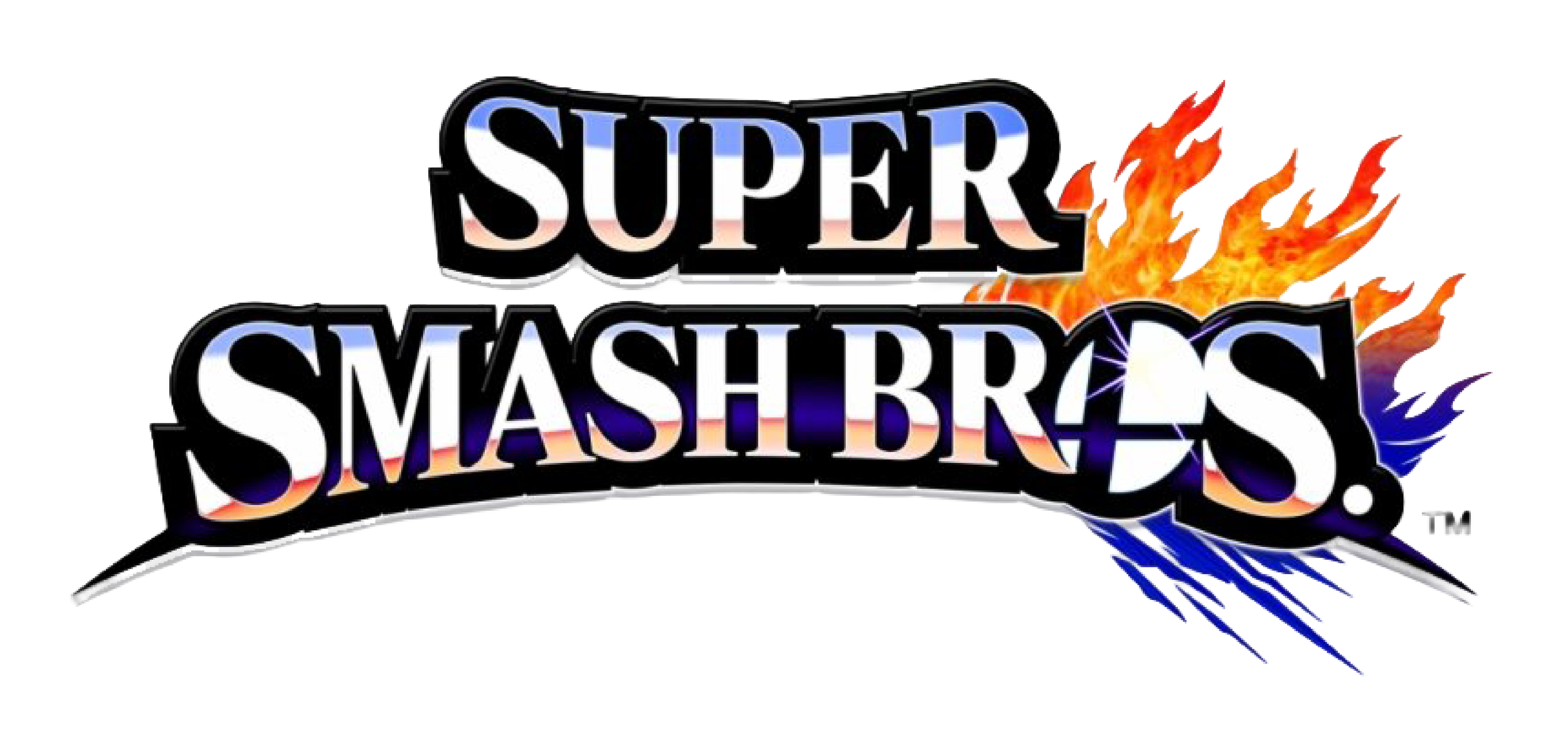 Logo for Super Smash Bros. featuring the game's name with a fiery and blue electric character design.