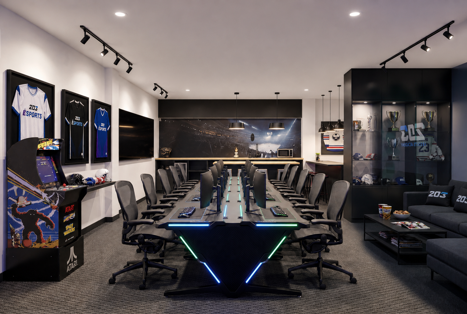 A gaming and esports themed conference room with multiple computer stations, championship jerseys, trophies, and gaming memorabilia.