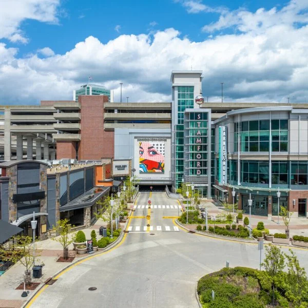 Empty street leading into a modern shopping mall with signage for Stamford and Barnes & Noble, with trees and landscaping.
