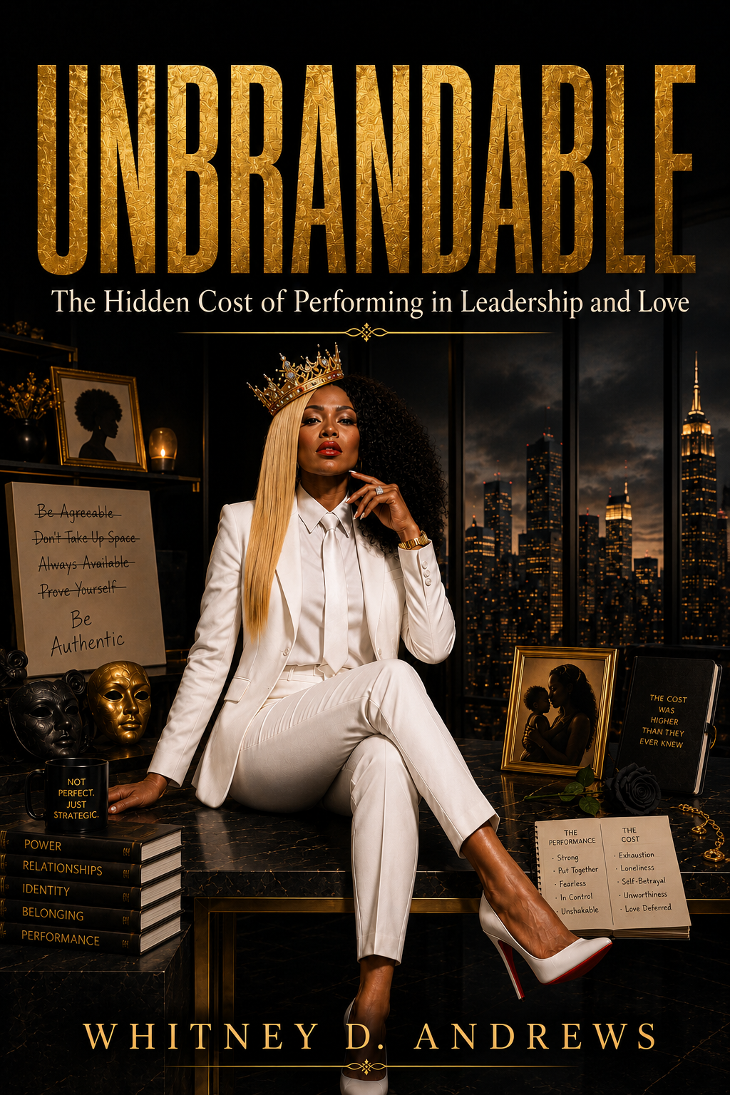 Book cover titled "Unbrandable: The Hidden Cost of Performing in Leadership and Love" by Whitney D. Andrews. Features a woman in a white suit and white high heels, wearing a crown, sitting at a black marble desk in front of a city skyline at night, with framed photos, books, masks, and notes on the desk.