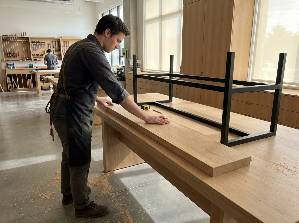A man working on a woodworking project in a workshop, measuring a piece of wood on a large workbench with tools and another person in the background.