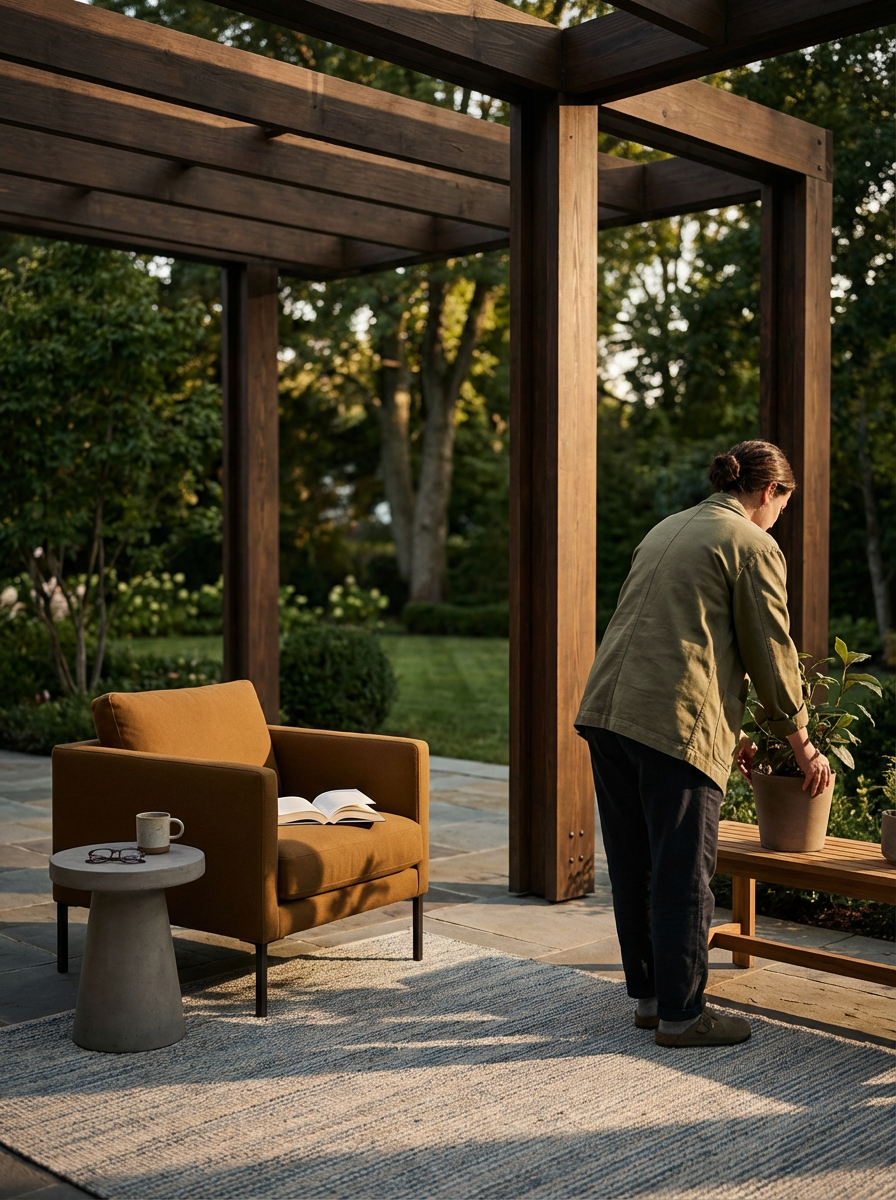 A woman watering a potted plant on a wooden bench in an outdoor patio area during the evening, with a tan armchair, an open book, and a mug on a small side table nearby.