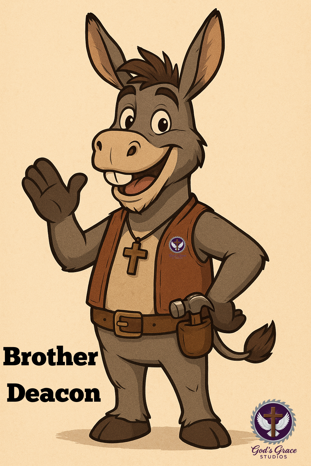 Cartoon donkey dressed as deacon, wearing a cross necklace and vest, waving and standing next to the words "Brother Deacon" with a church logo and text "God's Grace Studios".