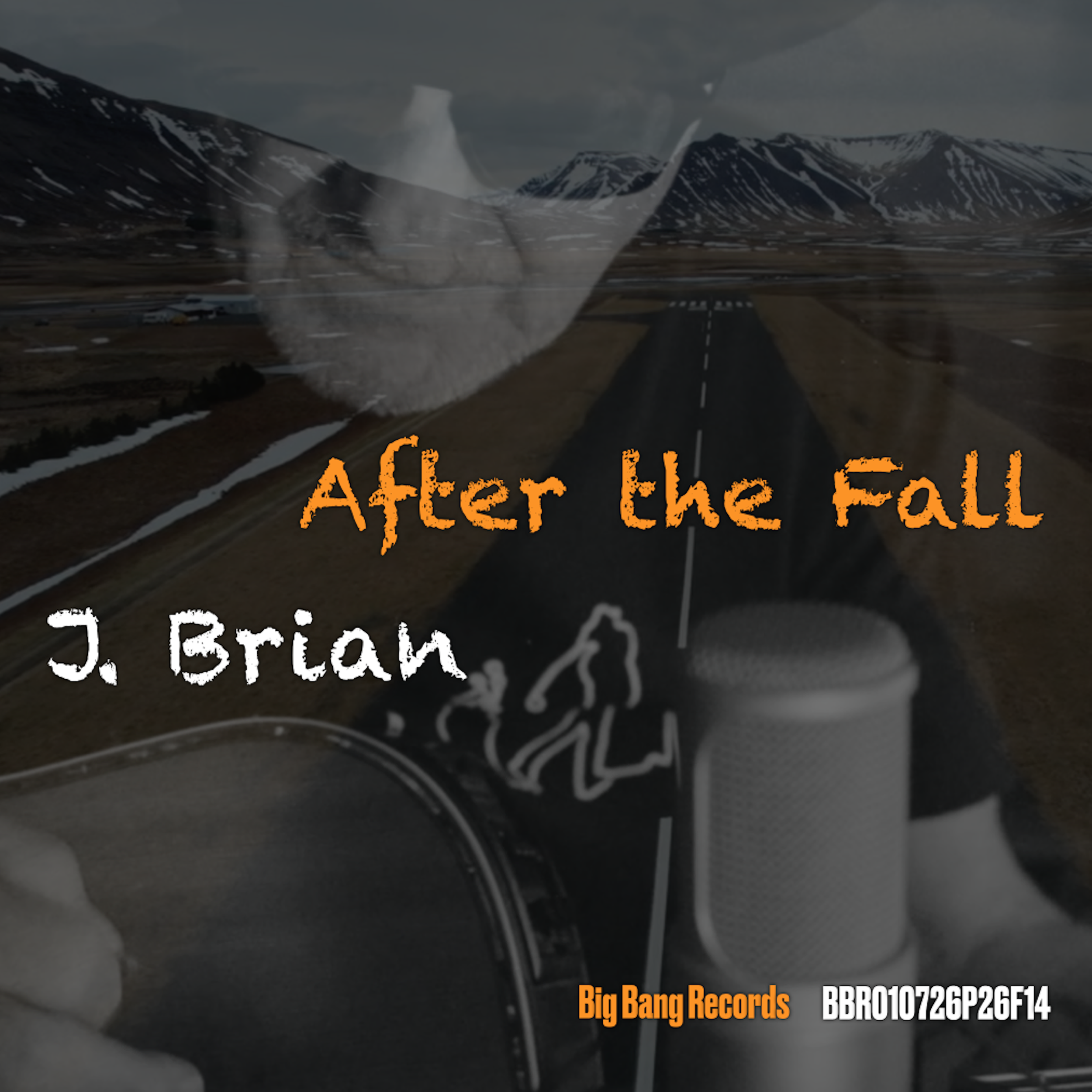 A view of an empty runway with mountains in the background during daytime, with a reflection of a car window with text reading "After the Fall" and "Big Bang Records".