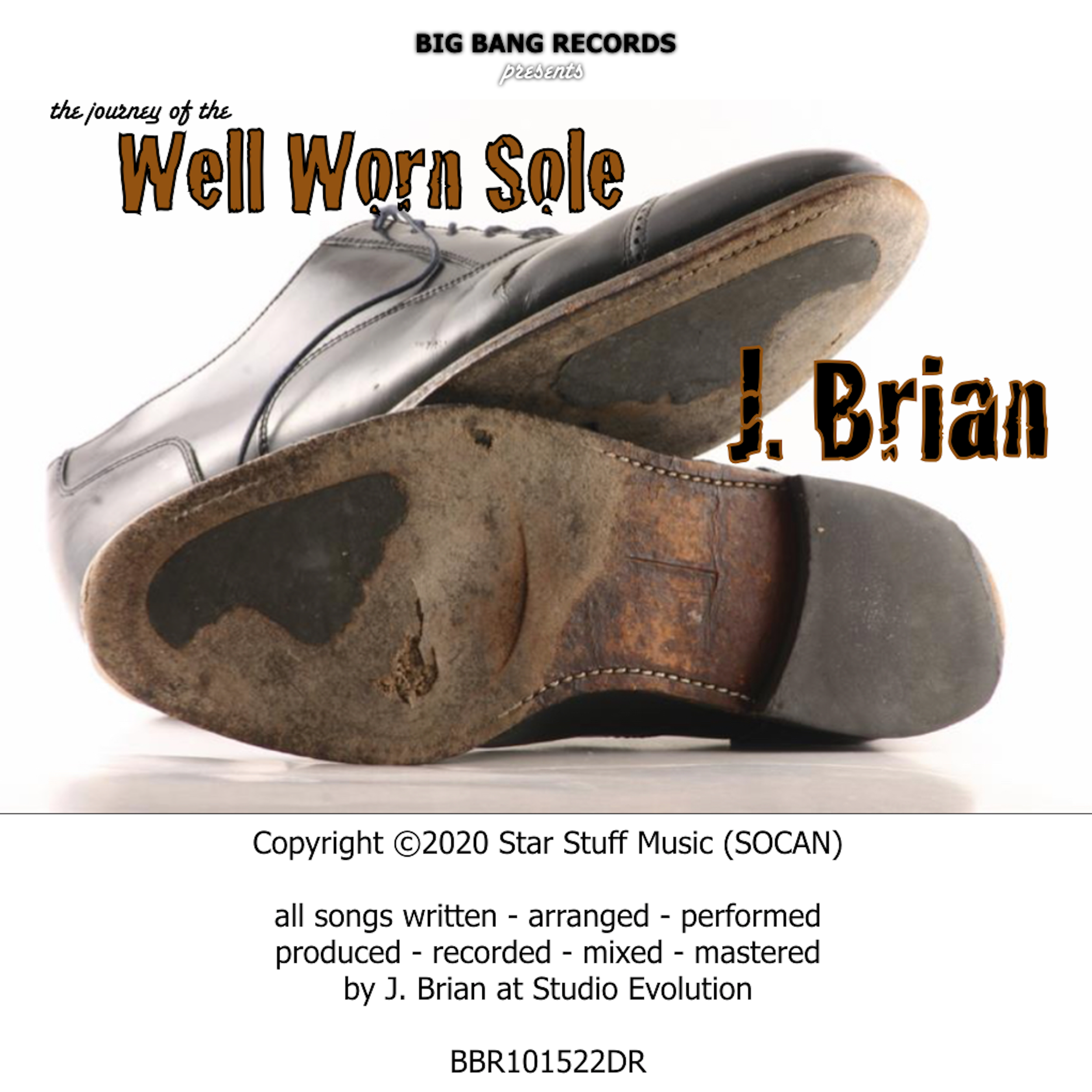 Close-up of a worn pair of shoes, revealing the sole's texture and wear patterns, containing the title Well Worn Sole by J. Brian