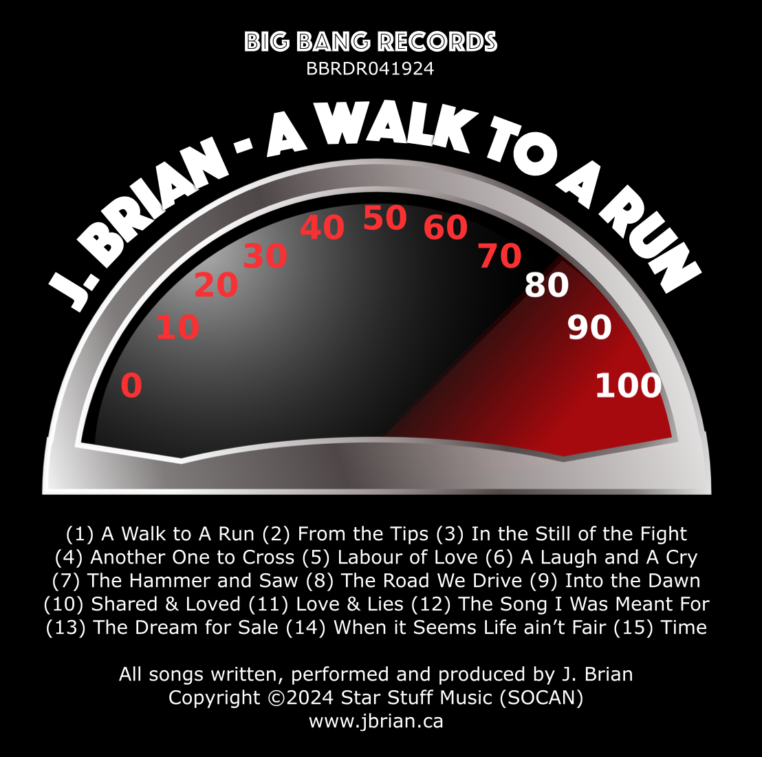 Album cover for J. Brian's 'Big Bang Records', titled 'J. Brian - A Walk to A Run'. Features a speedometer graphic with the needle pointing near 90, red and black color scheme, and a tracklist numbered 1 to 15 at the bottom.