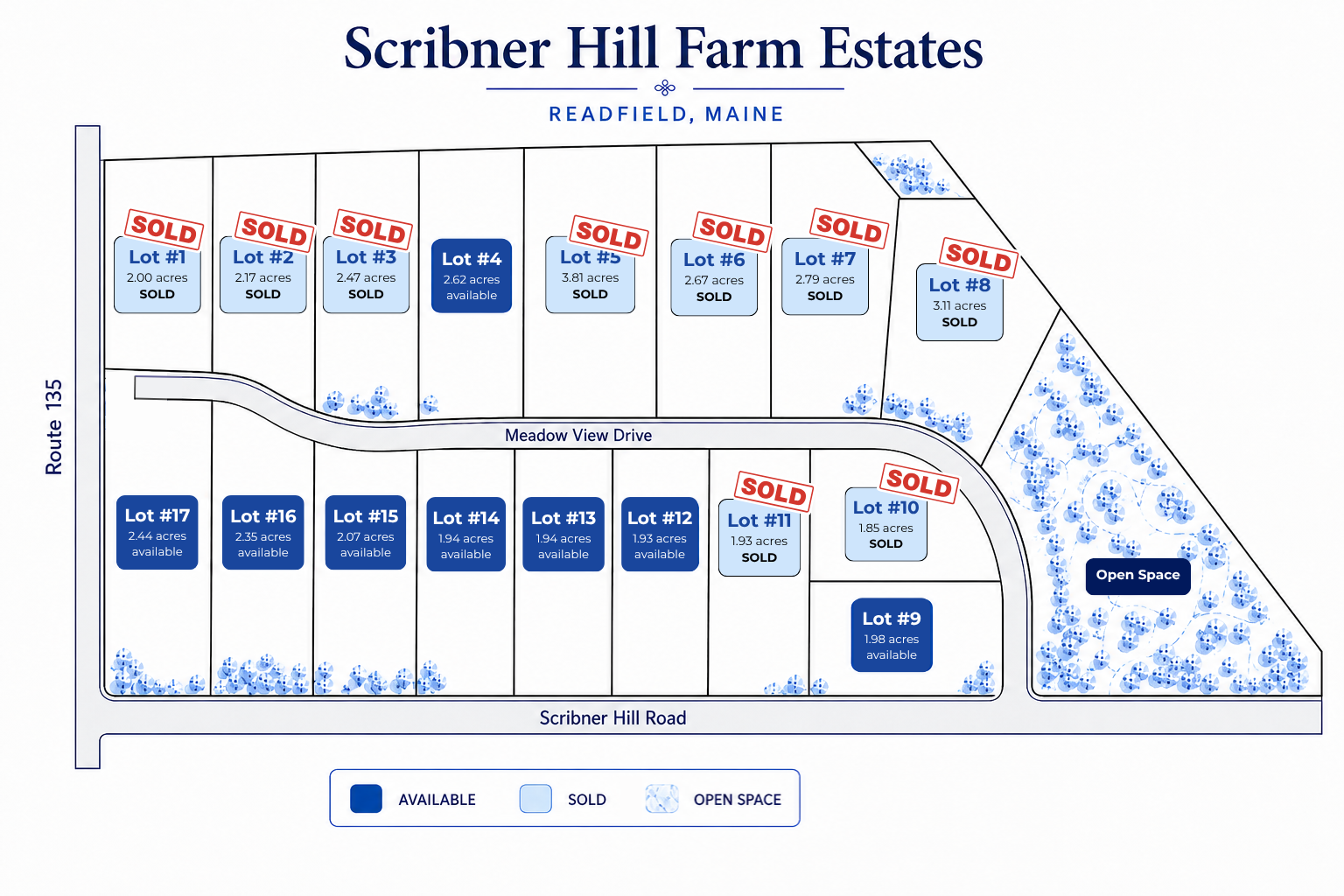 Scribner Hill Farm plot plan showing available and sold homesites