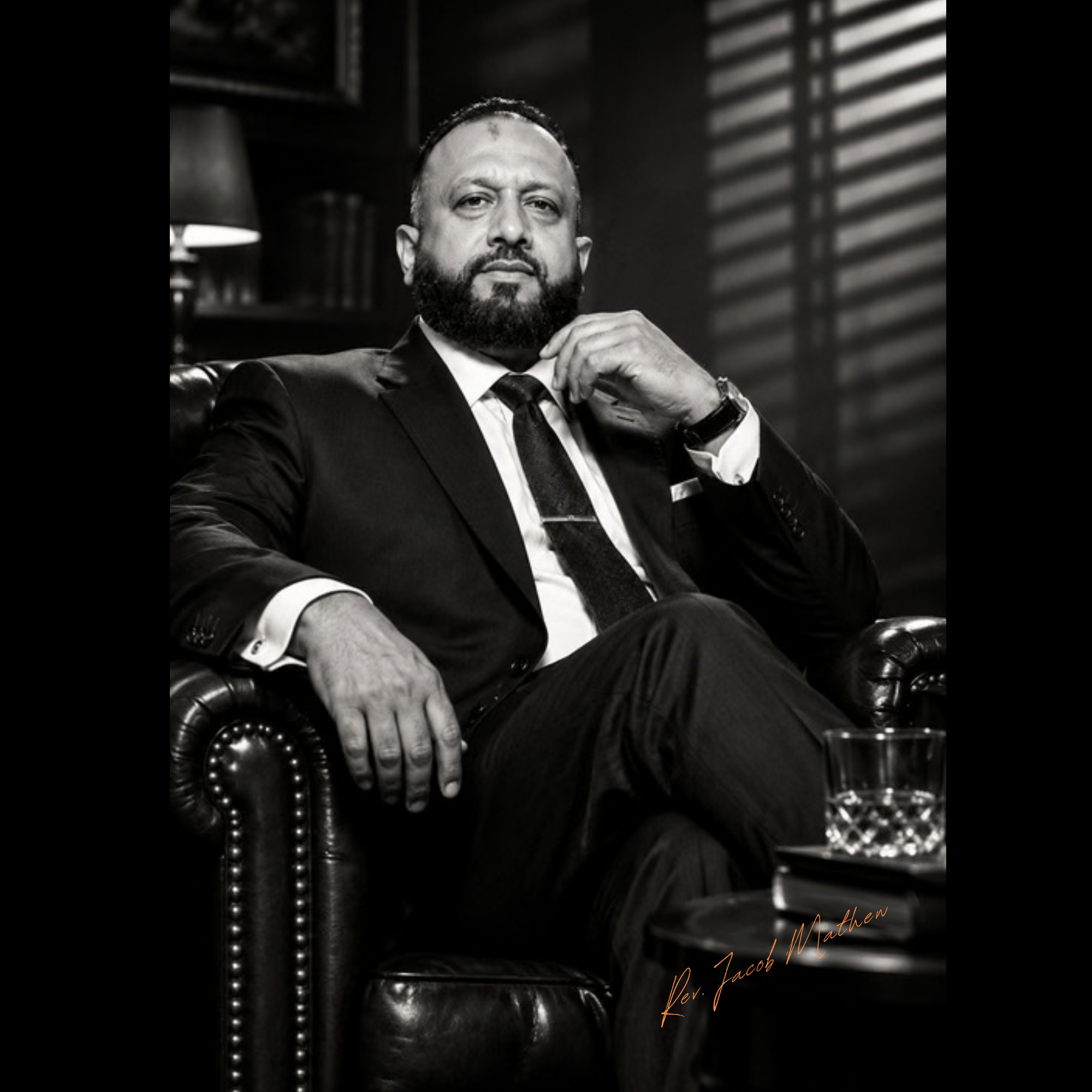 Black and white portrait of a man in a suit, sitting on a leather chair, with his hand near his face, in a dimly lit room with blinds casting shadows.