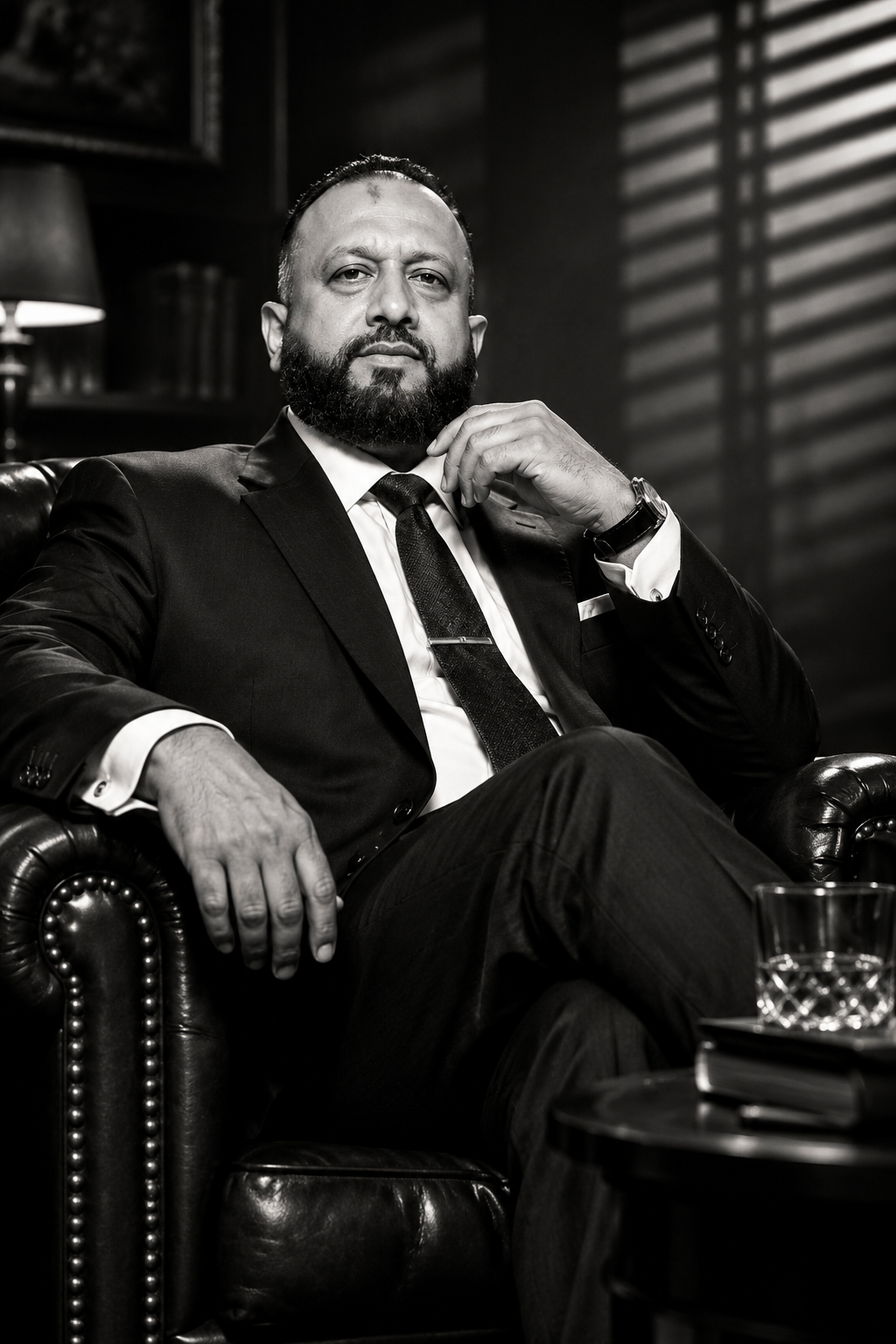A man in a suit and tie sitting on a leather armchair in a dimly lit room with wooden blinds, a lamp, and bookshelves in the background.