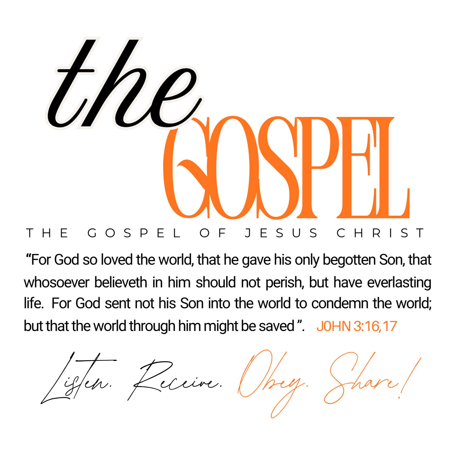 Text about the Gospel in a religious Bible verse about God's love, Jesus Christ, and salvation, highlighting John 3:16-17. The text is styled with a mix of fonts and colors, emphasizing key phrases.