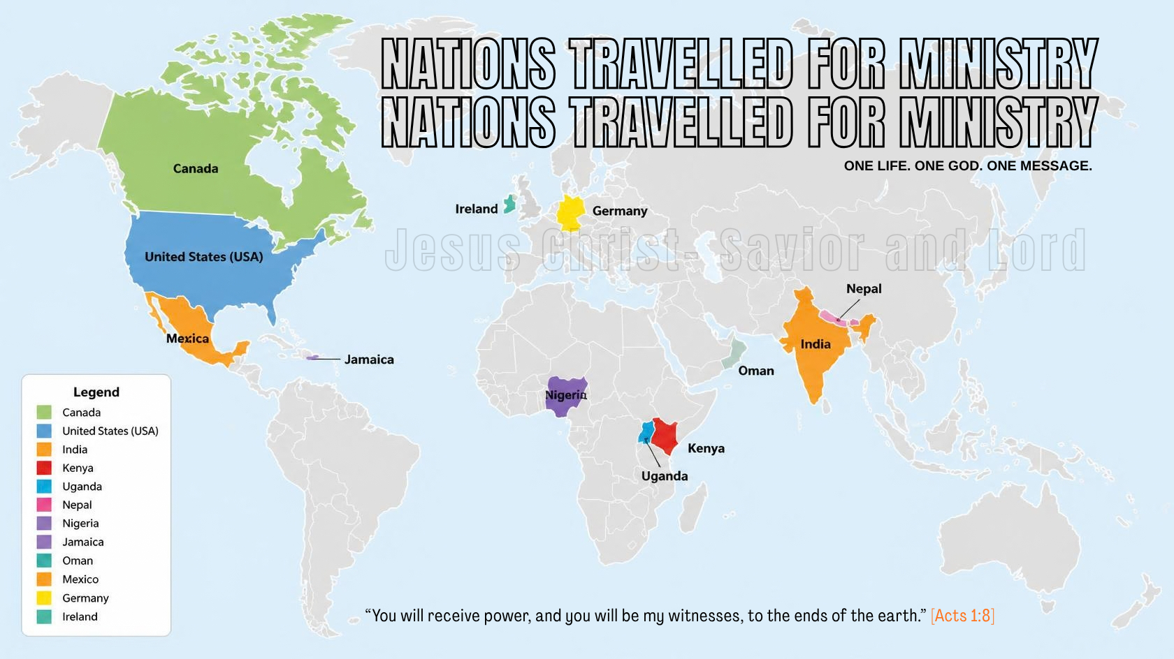 Map showing countries traveled for ministry: Canada (green), United States (blue), Mexico (orange), Jamaica (purple), Nigeria (purple), Uganda (blue), Nepal (pink), India (orange), Oman (blue), Germany (yellow), Ireland (green).