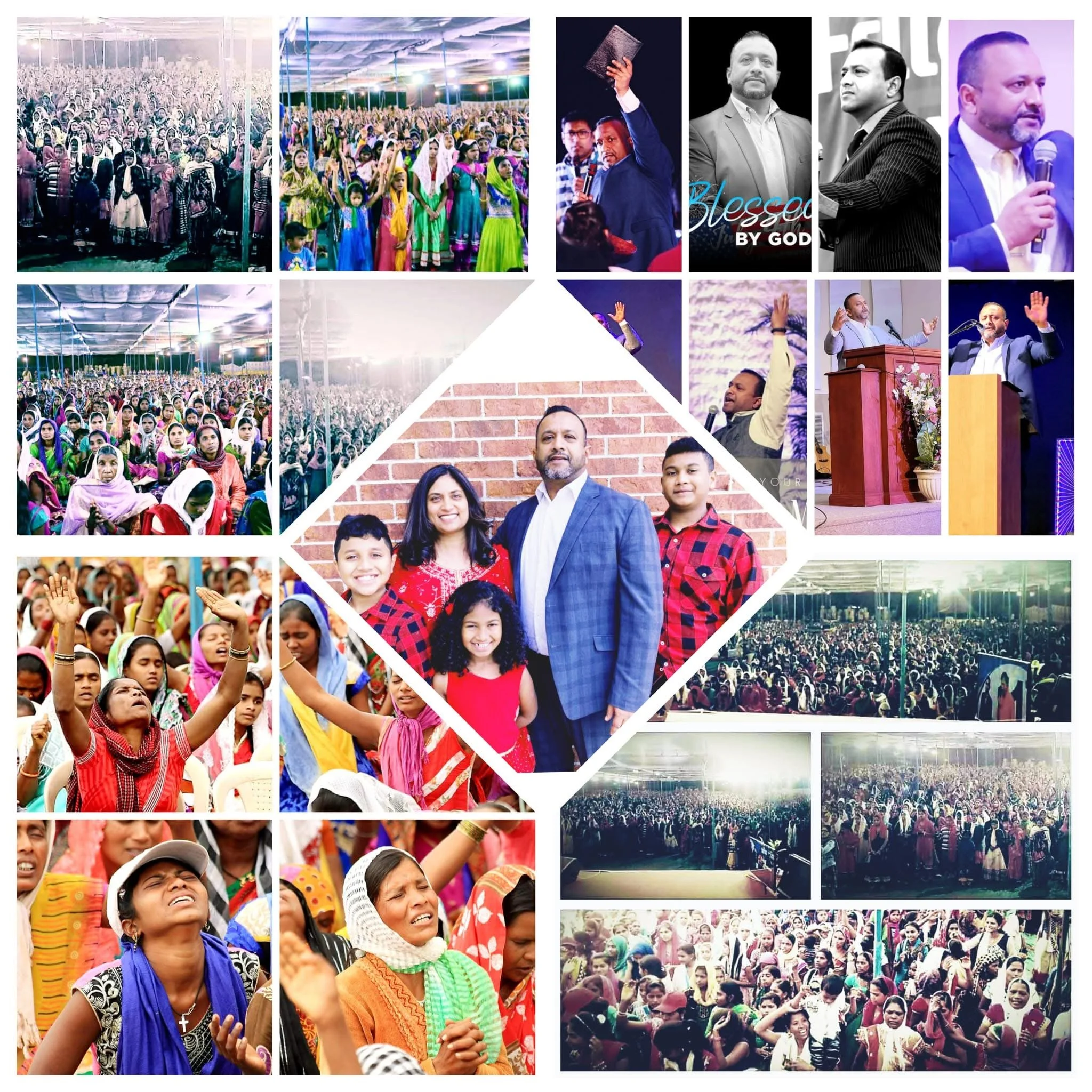 Collage of images featuring large religious or spiritual gatherings with diverse groups of people, including men, women, and children, some with raised hands, speaking at a podium, and engaging in prayer or singing in indoor and outdoor settings.