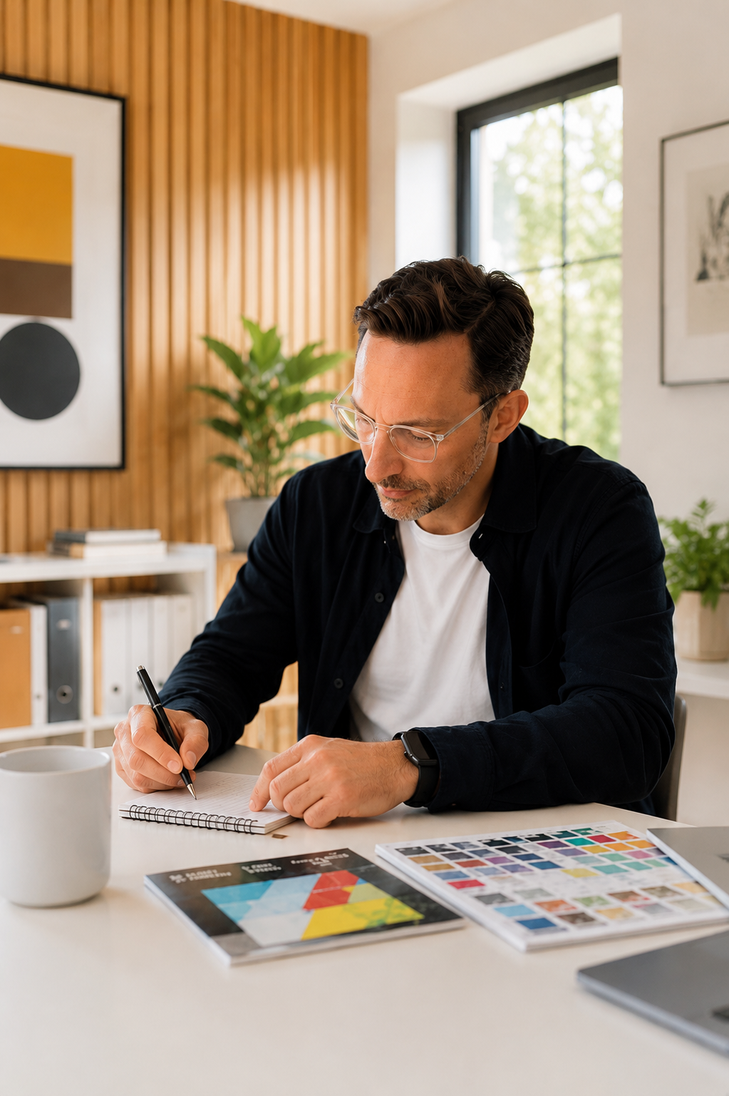 A man with glasses and a smartwatch is sitting at a white desk, writing in a notebook with color swatch books and a mug on the desk, in a modern office with artwork and potted plants.