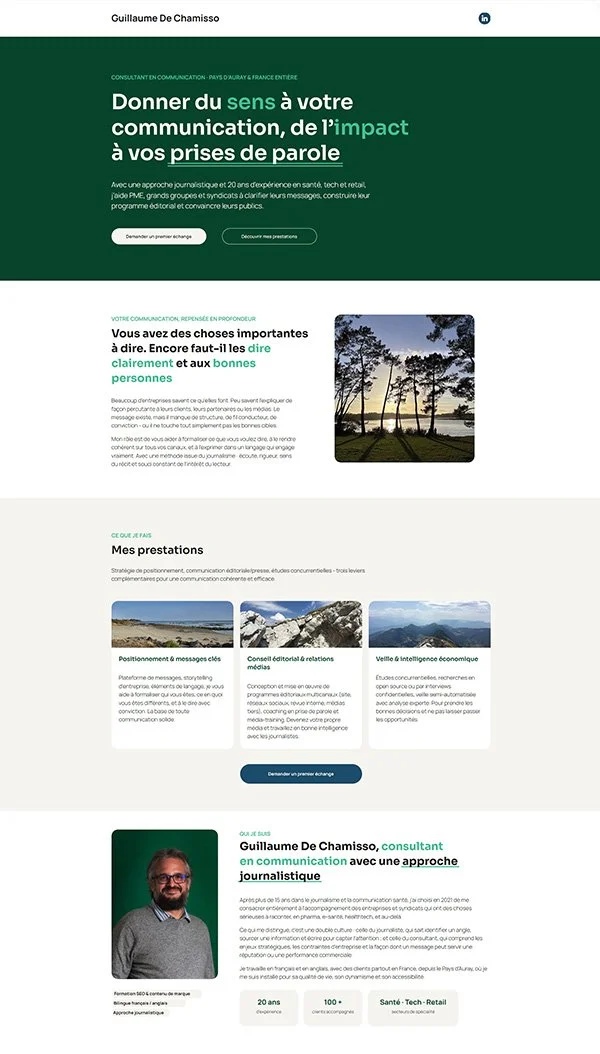 Page d'accueil d'un site web de Guillaume De Chamisso, consultant en communication, avec une bannière, une section de présentation, une photo de l'auteur, et des icônes avec des statistiques.