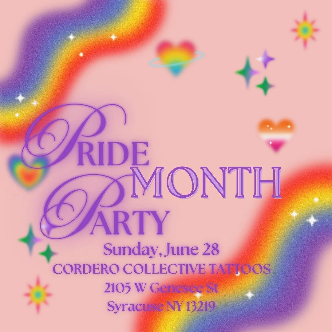 Pink poster for Pride Month party with rainbow and rainbow heart graphics, and decorative stars and hearts, including the event date, location, and venue information.