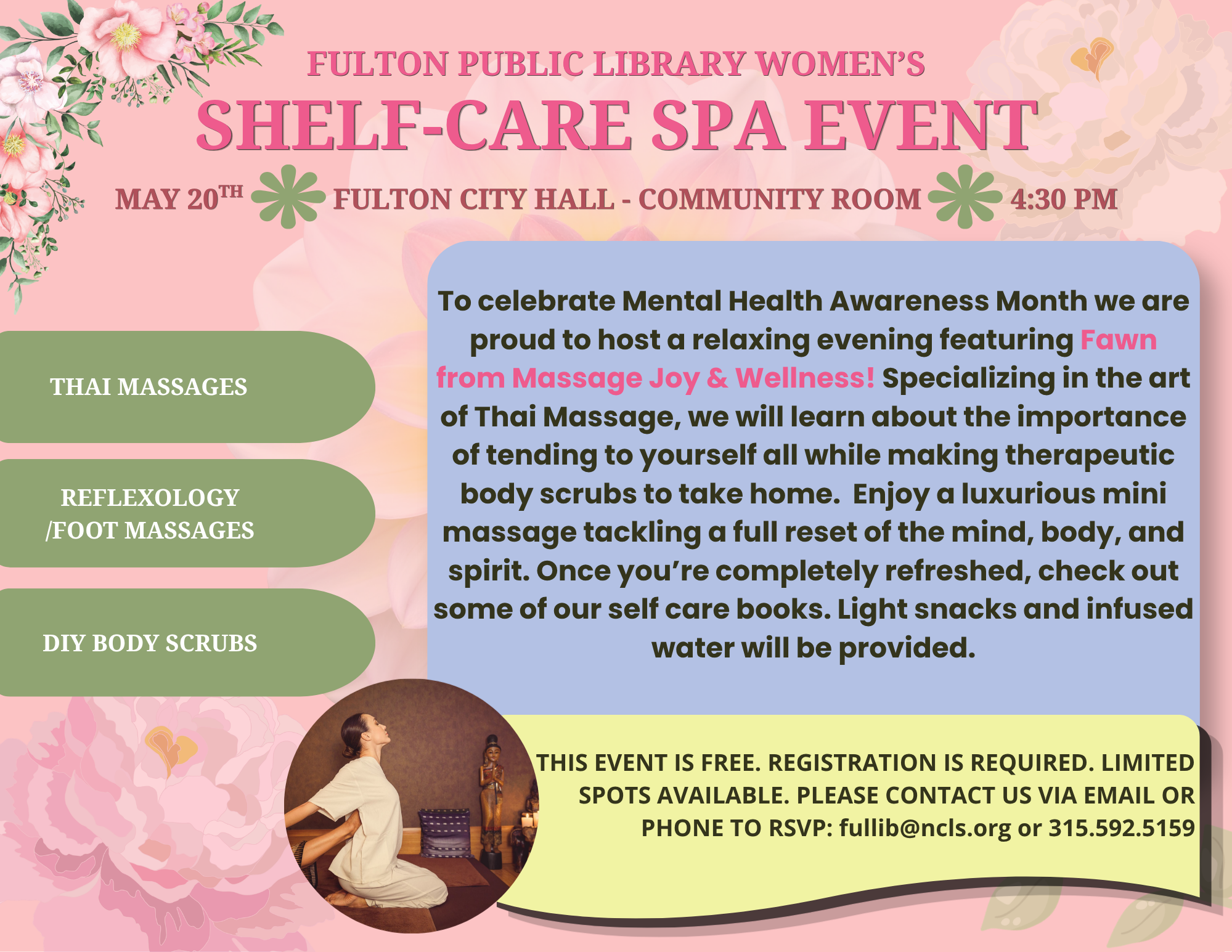 Pink background flyer for the Fulton Public Library Women's Shelf-Care Spa Event, featuring floral decorations, event details including date, time, location, and activities like massages, reflexology, and DIY body scrubs, with an image of a woman receiving a massage.